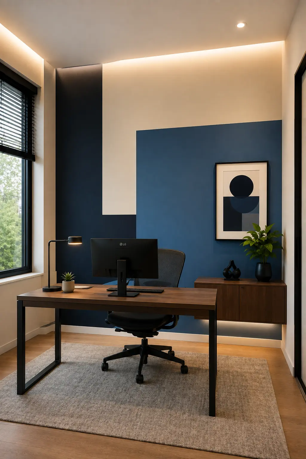 Modern small office featuring a bold color-blocked accent wall combining warm cream, deep navy, and muted blue geometric sections behind a contemporary walnut desk, ergonomic black office chair, minimalist monitor, black desk lamp, floating storage cabinet, abstract framed artwork, indoor plant, warm architectural lighting, neutral textured rug, and stylish modern office decor.