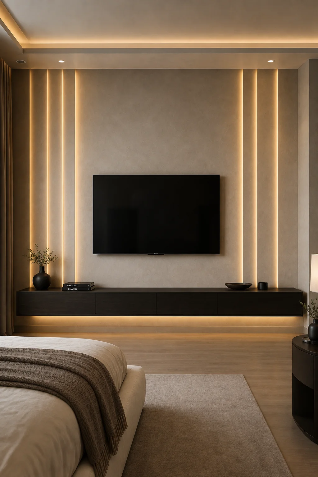 Modern couples bedroom featuring a sophisticated TV wall with slim vertical illuminated architectural strips, centered black flat screen television, warm neutral plaster wall, long matte black floating console, concealed golden LED lighting, cream bedding, natural wood flooring, soft beige rug, minimalist accessories, and elegant contemporary bedroom styling.