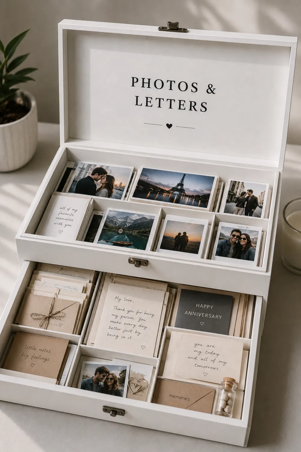 Modern layered photo and letter memory box displaying printed couple photographs on the upper level with handwritten letters, anniversary cards, envelopes, travel photographs, personal notes, and small sentimental keepsakes organized underneath