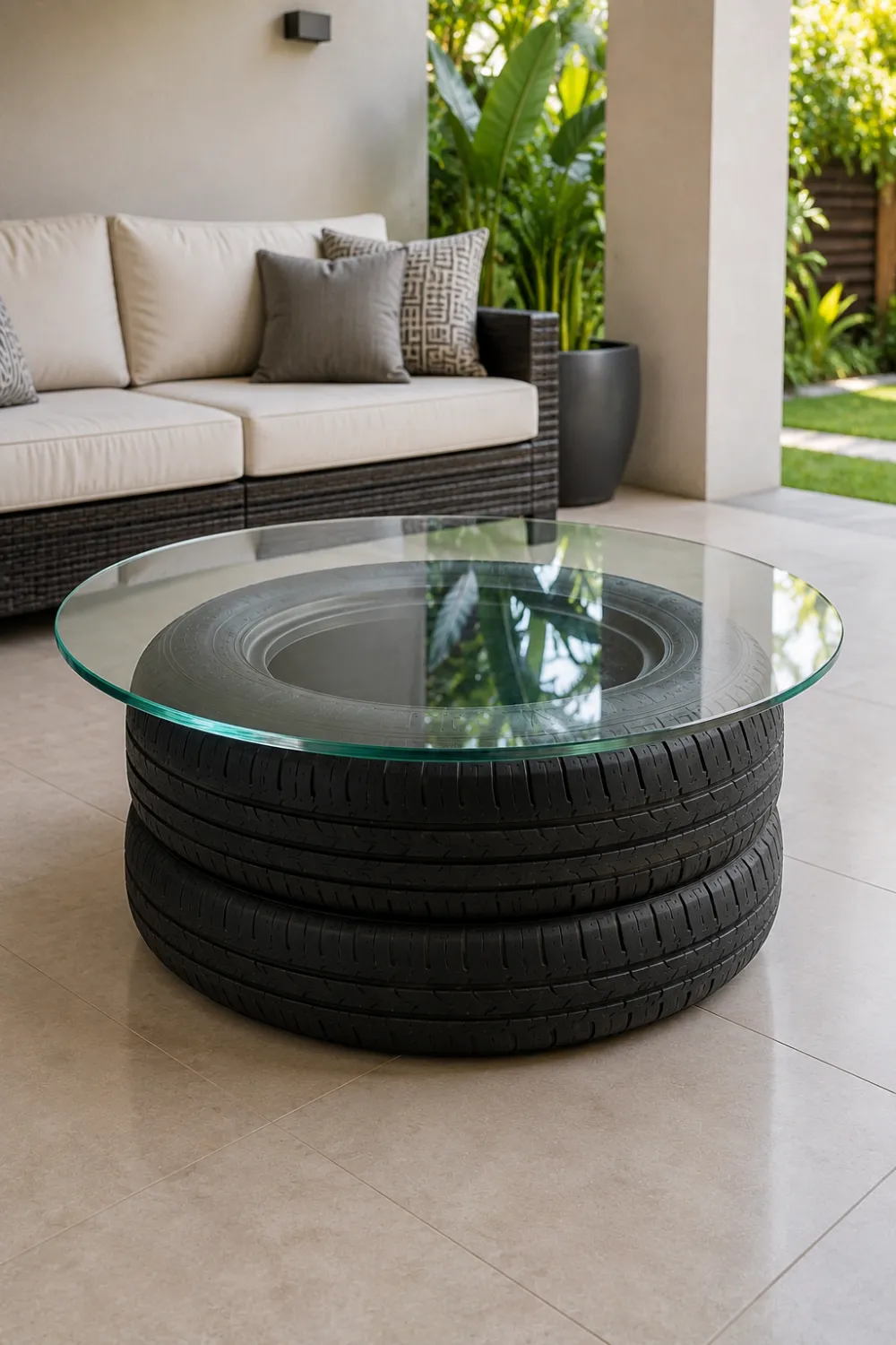 Two stacked recycled black car tires forming a modern coffee table base beneath a clear round glass tabletop, styled in a contemporary covered patio with modern outdoor seating