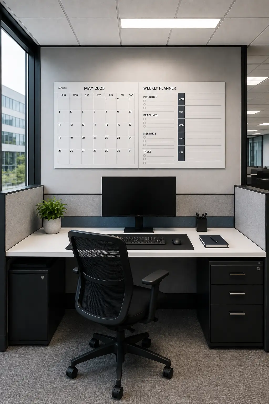 Professional motivational cubicle featuring a large achievement gallery arranged in a clean three-row grid, displaying certificates, professional accomplishments, project milestones, performance awards, motivational prints, and inspiring achievement photography. The complete workspace includes a centered computer monitor, white desk, black ergonomic office chair, organized document tray, notebook, small plant, and dark storage drawers. The full cubicle is captured from a straight-on view with coordinated black, white, gray, and navy details, creating a polished workspace that celebrates progress and encourages continued motivation.
