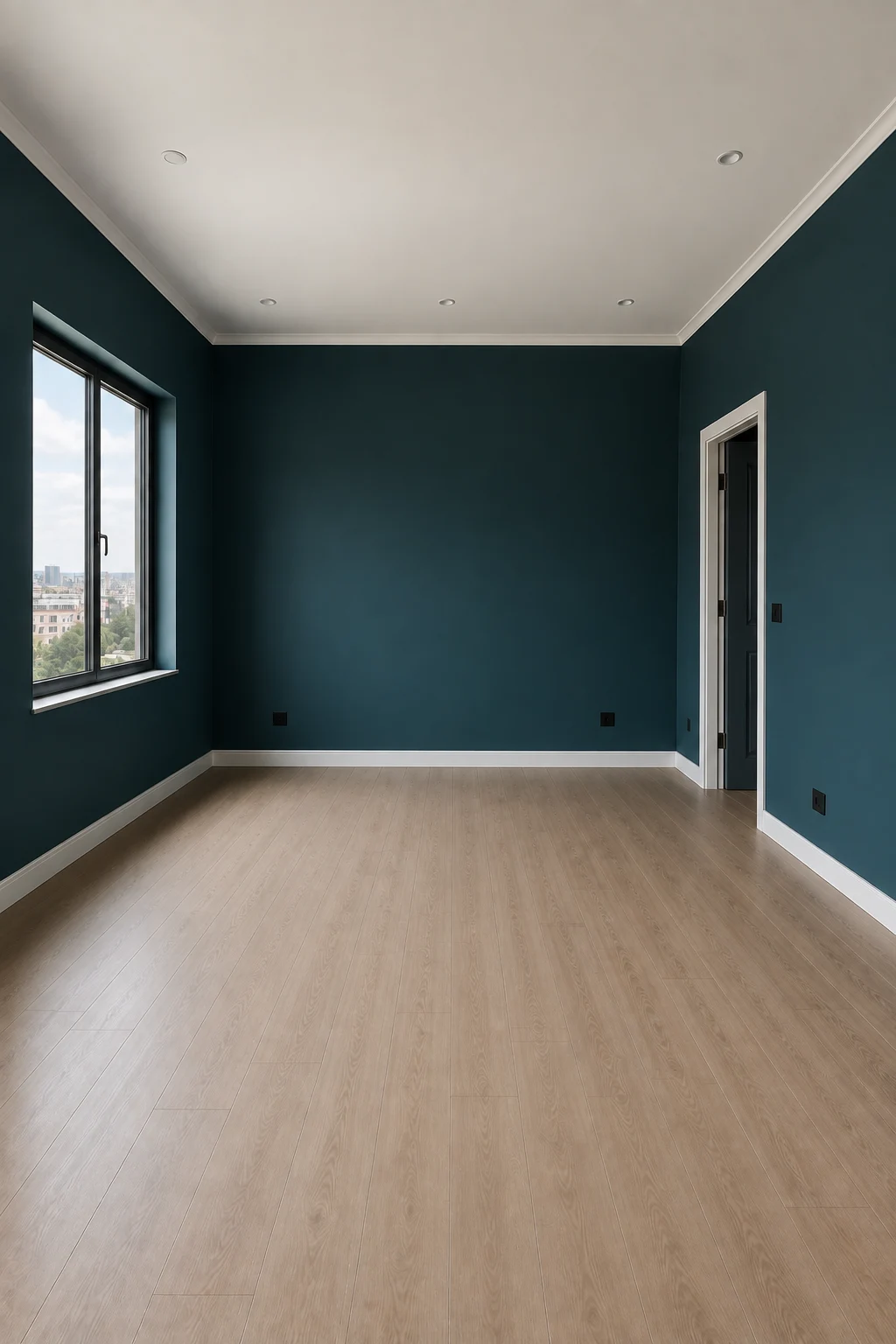 Empty contemporary bedroom with all four walls painted in a deep sophisticated teal, combining rich blue and green undertones, with a clean white ceiling, light wood flooring, large side window, modern doorway, crisp white baseboards, realistic matte paint texture, natural daylight, and a moody designer atmosphere highlighting deep teal bedroom paint.