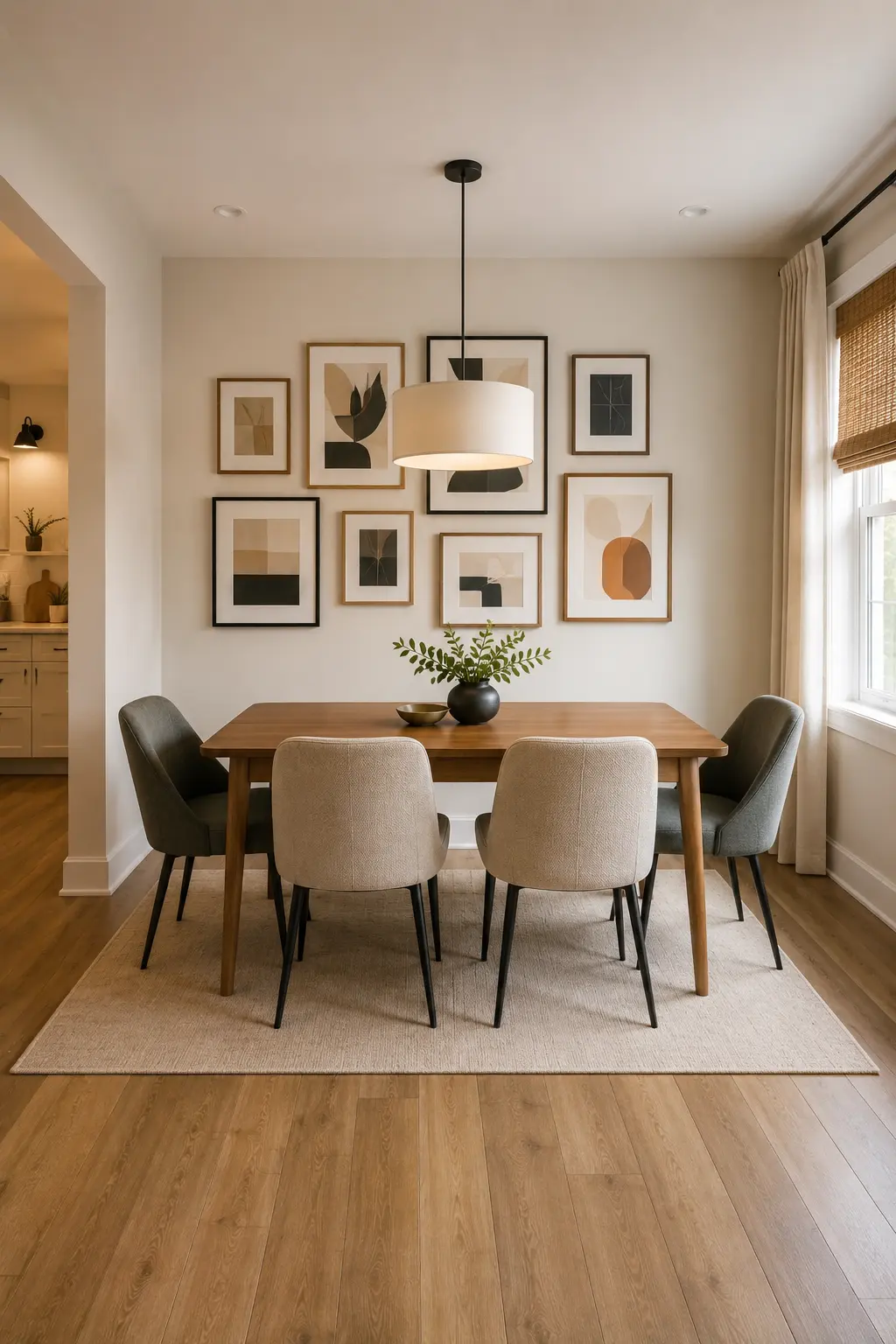 Stylish small dining room featuring a warm wood rectangular dining table, four contemporary upholstered dining chairs in cream and charcoal gray, a curated gallery wall with multiple modern abstract framed artworks in different sizes, oversized white pendant light, large window with woven shade and cream curtains, neutral area rug, warm wood flooring, and sophisticated contemporary décor.