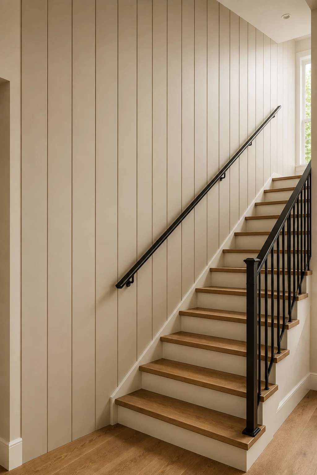 Wide vertical staircase paneling featuring floor to ceiling boards painted in a soft warm beige, subtle recessed seams creating clean architectural texture, natural oak stair treads, white risers, a black wall mounted handrail, and slim black railing in a bright modern stairwell.