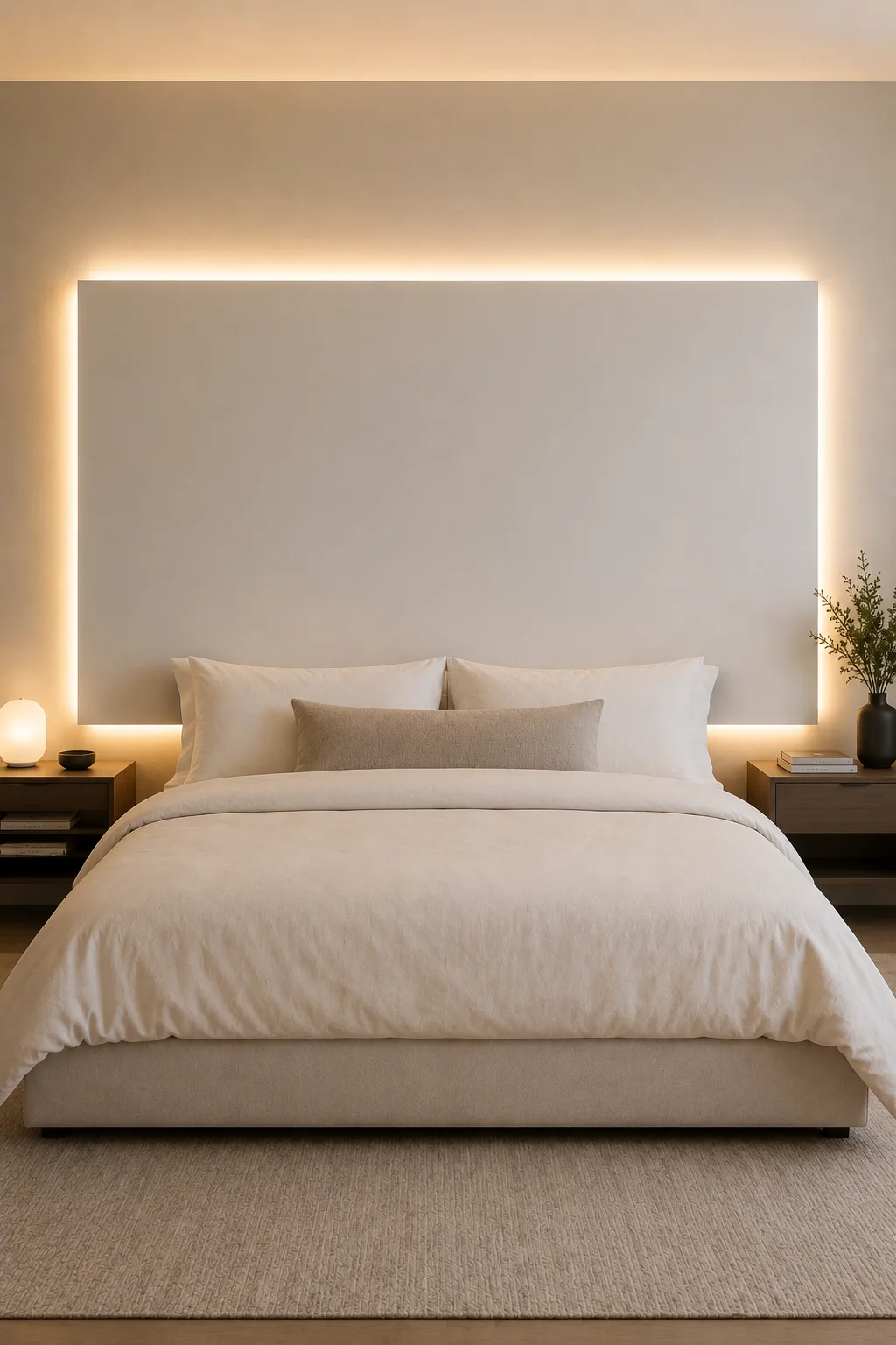 Contemporary DIY floating LED backlit headboard featuring a large rectangular matte warm-white MDF panel mounted slightly away from the bedroom wall behind a modern upholstered bed. Concealed warm-white LED lighting runs around the back perimeter of the panel, creating a soft continuous halo of indirect light across the wall without exposing the LED strips. The oversized headboard extends wider than the mattress and rises significantly above the pillows, creating a clean architectural focal point. The bed features a beige upholstered frame, crisp cream and white bedding, layered neutral pillows, a textured lumbar cushion, dark walnut nightstands, a small modern glowing table lamp, subtle greenery, and warm wood flooring. The complete illuminated headboard is captured from a straight-on front-facing perspective with realistic light falloff and detailed materials.