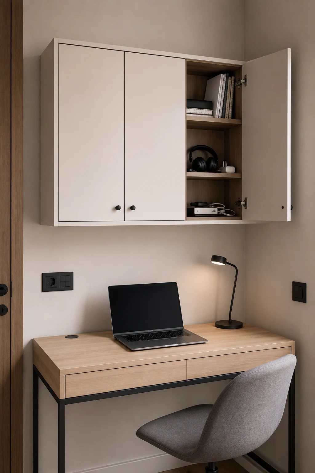 Modern small bedroom workspace featuring a compact contemporary desk with a wall-mounted storage cabinet installed directly above it. The cabinet combines closed doors with an open section containing books, notebooks, headphones, chargers, and small electronics, creating useful vertical storage without taking additional floor space.