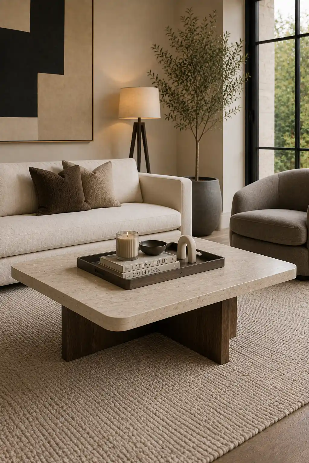 Light stone-look rectangular coffee table with rounded corners and a dark walnut base, styled with a large dark decorative tray containing neutral coffee table books, a ribbed glass candle, a small black bowl, and a compact ivory sculptural accent in a sophisticated contemporary living room with cream seating, textured rug, warm lighting, and modern decor.
