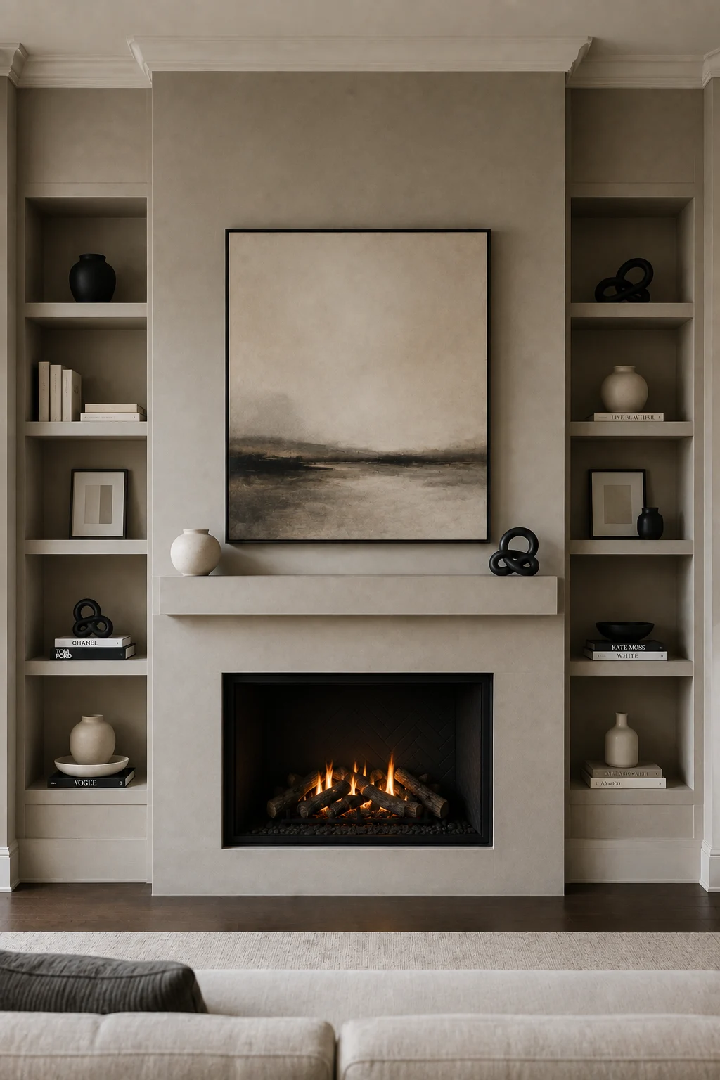 Sophisticated built-in fireplace feature wall with a warm taupe finish, centered contemporary fireplace, minimalist mantel, and symmetrical floor-to-ceiling shelving on both sides. The mantel displays a large neutral abstract artwork, cream ceramic vase, and black sculptural accent, while the built-in shelves hold carefully arranged neutral books, framed artwork, ceramic vessels, and decorative objects. A deep black firebox with glowing flames anchors the design, with cream seating, dark wood flooring, and soft neutral textures completing the elegant modern living room.