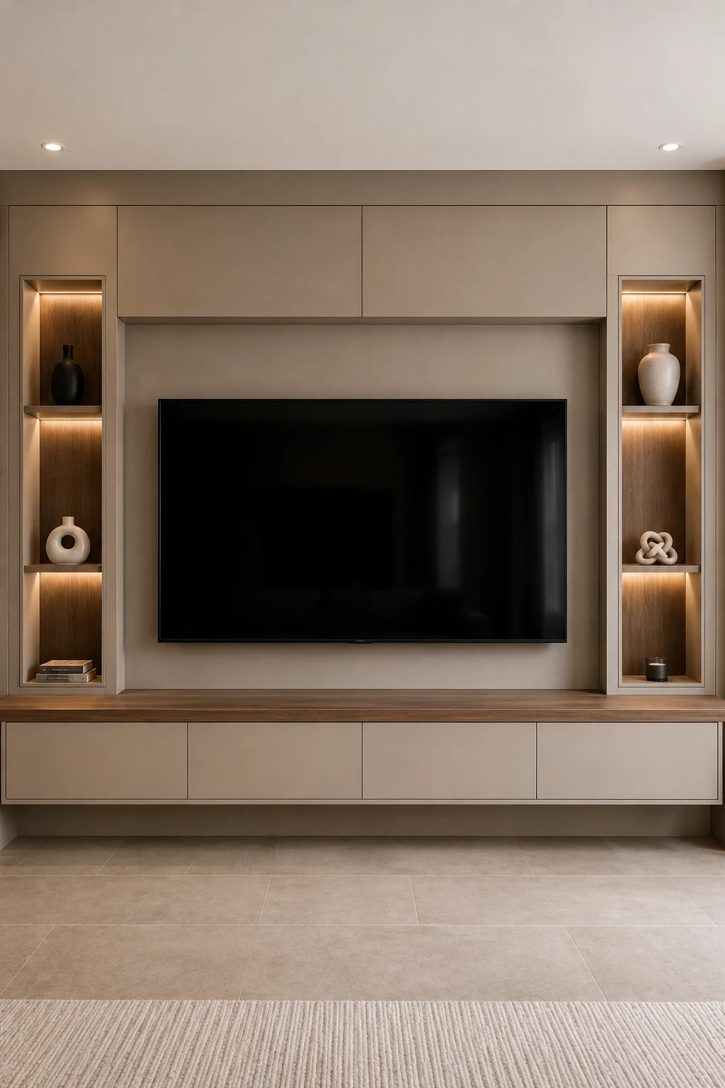 Custom built in contemporary TV wall featuring a large black flat screen television within a central recessed opening, tall illuminated display niches with warm walnut backing on both sides, taupe cabinetry surrounding the television, long lower media cabinet with generous hidden storage, warm LED shelf lighting, carefully styled ceramic objects and books, realistic custom cabinetry, and refined modern living room interior design.