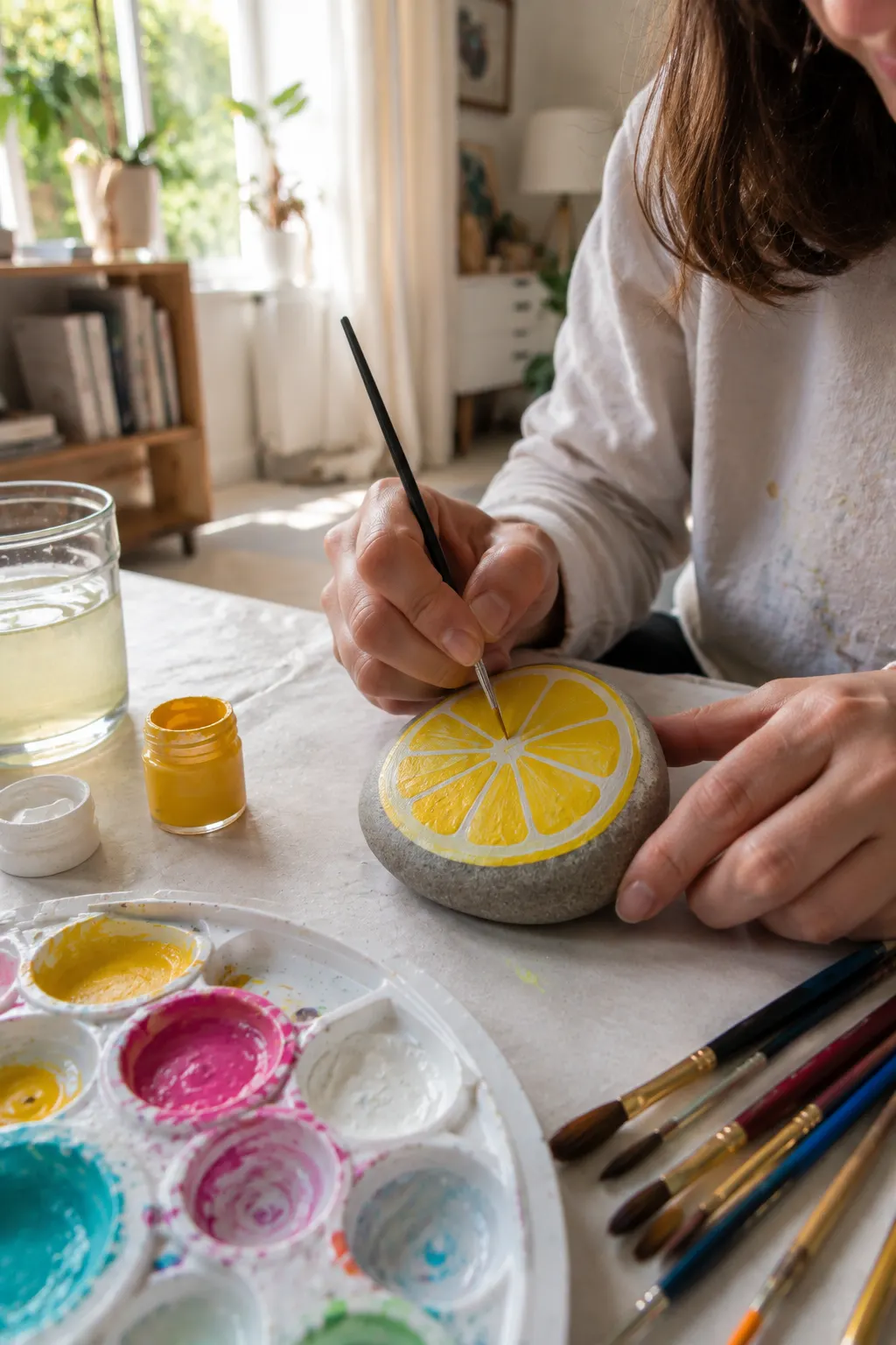Fresh lemon slice rock painting featuring a bright yellow citrus slice painted across a smooth rounded gray stone with a clean white outer ring and detailed curved lemon segments, while a hand carefully paints the center with a fine brush beside yellow acrylic paint, a palette, brushes, and a water glass.