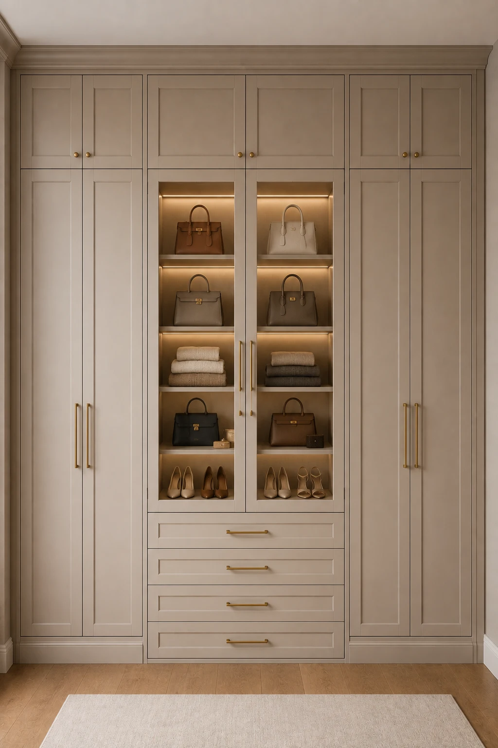 Elegant cream IKEA closet featuring a central glass-front handbag display with warm integrated shelf lighting, multiple designer-style handbags in neutral shades, folded clothing, shoe storage, spacious lower drawers, tall paneled wardrobes on both sides, brass handles, upper cabinets, natural wood flooring, and soft neutral finishes for a luxurious organized wardrobe wall.