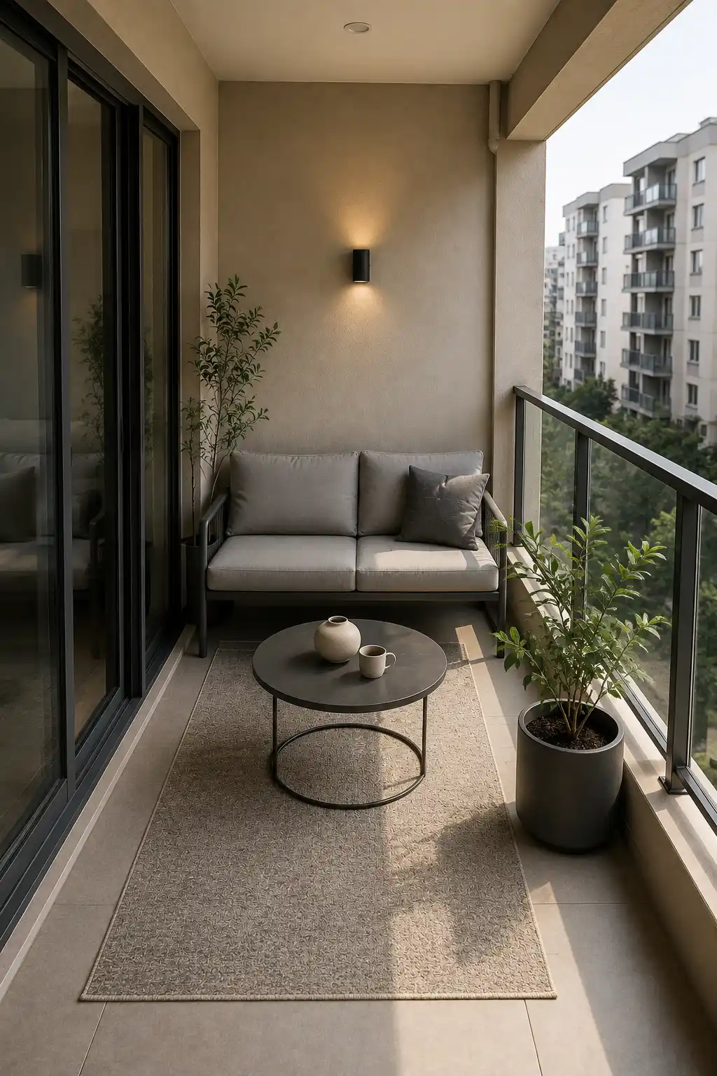 Calm modern apartment balcony decorated in a refined neutral palette of cream, beige, taupe, gray, and charcoal. A compact neutral sofa, round black coffee table, subtle patterned outdoor rug, and large leafy plants in matte dark planters create a polished contemporary balcony with a spacious designer inspired appearance.