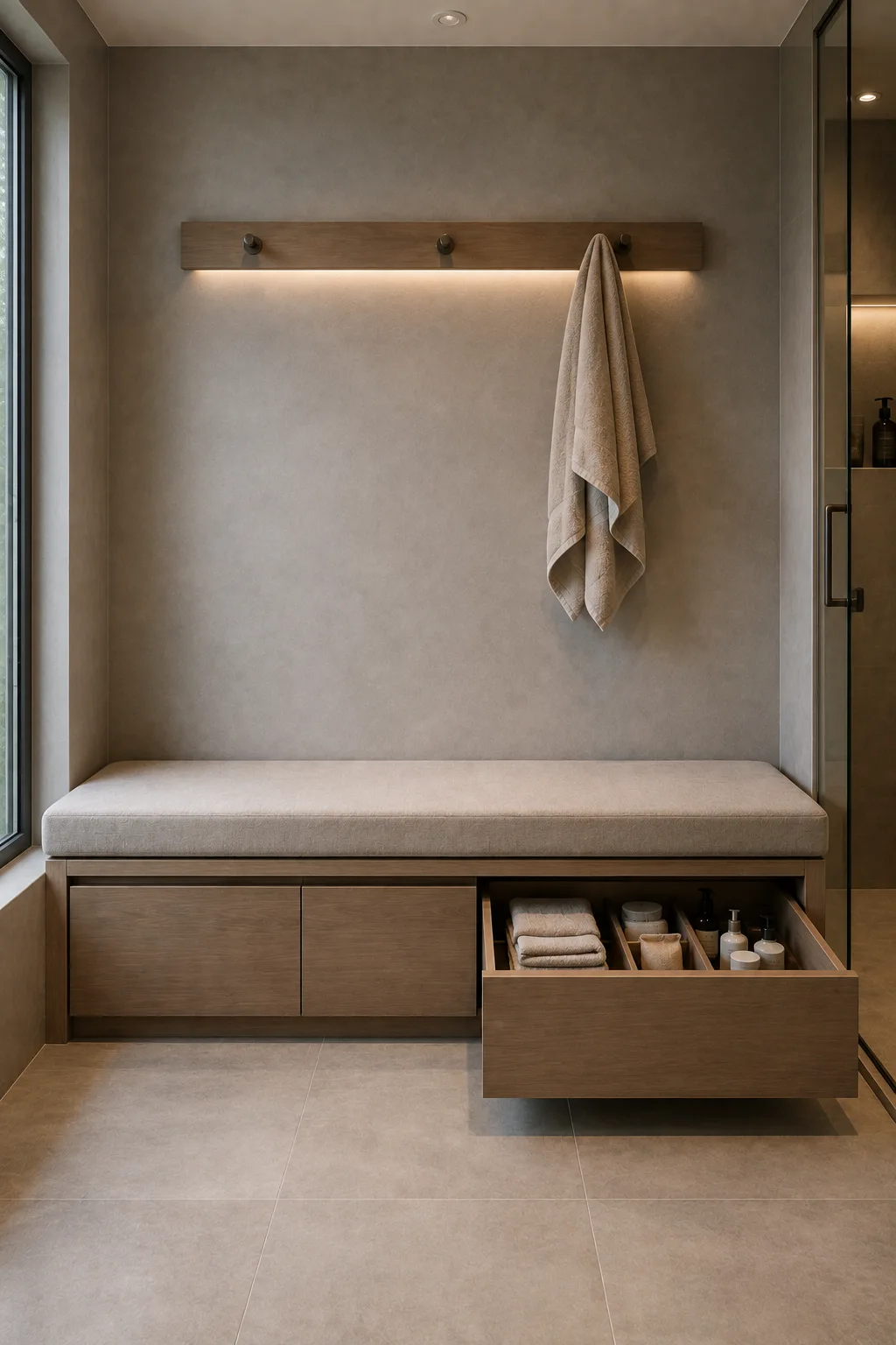 Modern bathroom storage bench featuring built in wood cabinetry with a cushioned seat and a deep pullout drawer, neatly organizing folded towels, toiletries, skincare products, and bathroom essentials beside a contemporary glass shower.