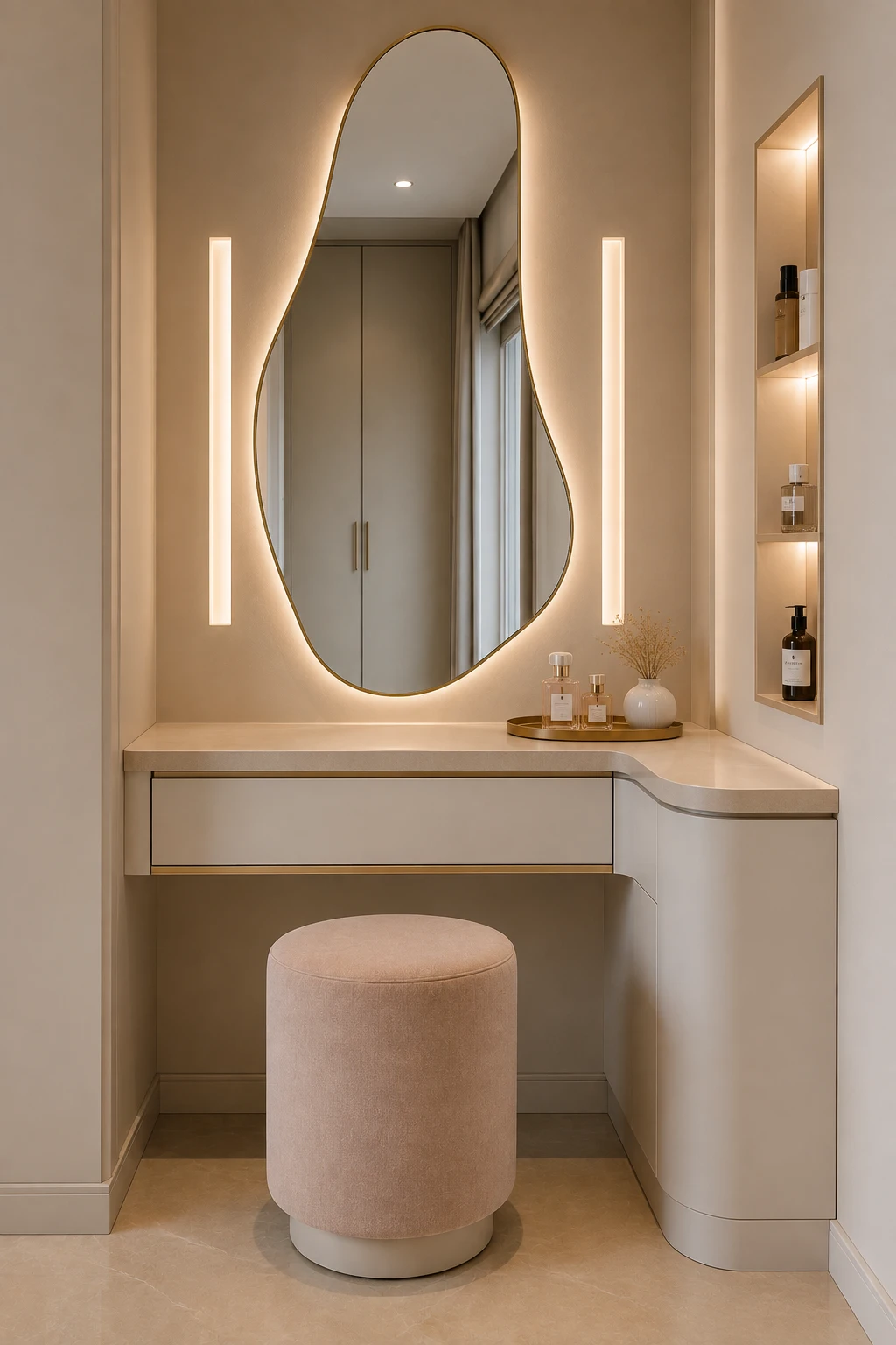 Small modern corner vanity featuring a custom L shaped floating vanity with a light cream finish, curved countertop extending around the side wall, seamless handleless drawer storage, a large organic sculptural mirror with an irregular curved silhouette and thin champagne gold frame, warm LED backlighting, two slim vertical illuminated wall lights, a built in side display shelf holding perfume bottles and a small white vase, a soft cylindrical blush beige upholstered vanity stool, warm neutral walls, subtle gold accents, and an efficient contemporary design that makes a compact corner feel spacious and luxurious.