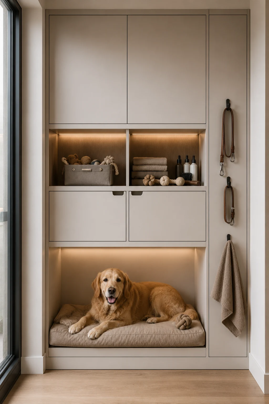 Modern vertical dog station built into a narrow cream cabinetry wall, featuring a comfortable recessed dog bed at the bottom with a golden retriever resting inside, illuminated open shelves filled with dog toys, folded towels, grooming supplies, and storage baskets, tall closed cabinets above, wall mounted leashes, collars, and towels, creating an organized contemporary pet station.