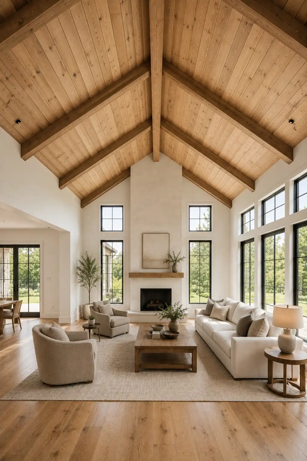 Warm modern rustic living room with a natural wood planked vaulted ceiling framed by matching exposed timber beams, featuring a central ridge beam, tall black framed windows, warm white walls, cream seating, a minimalist fireplace, and natural wood flooring.