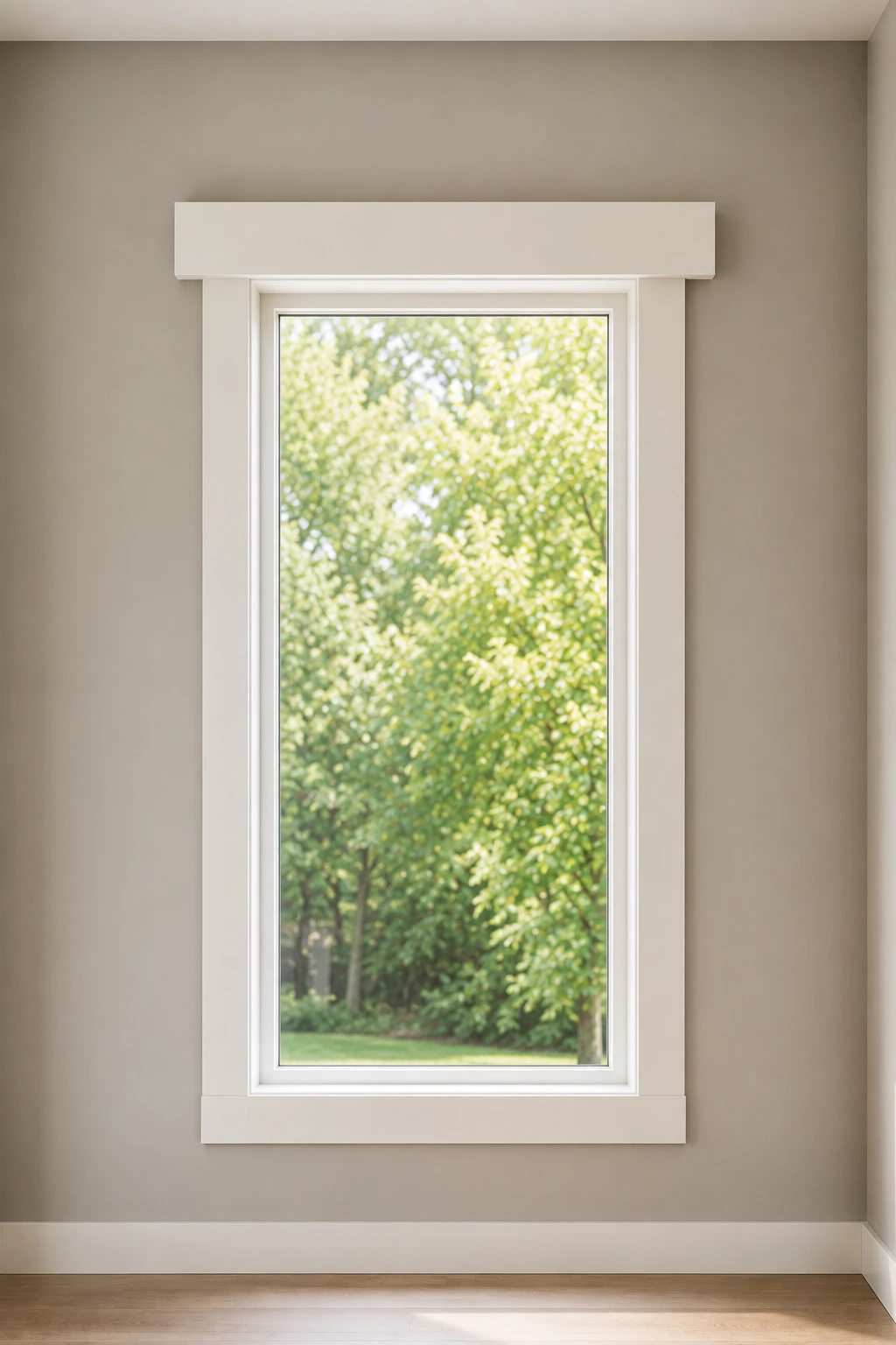 Extended window header featuring tall white side casing topped with a wide horizontal trim piece that projects slightly beyond the window sides. The oversized flat header adds architectural emphasis and visually balances the tall narrow window against a sophisticated warm neutral wall.