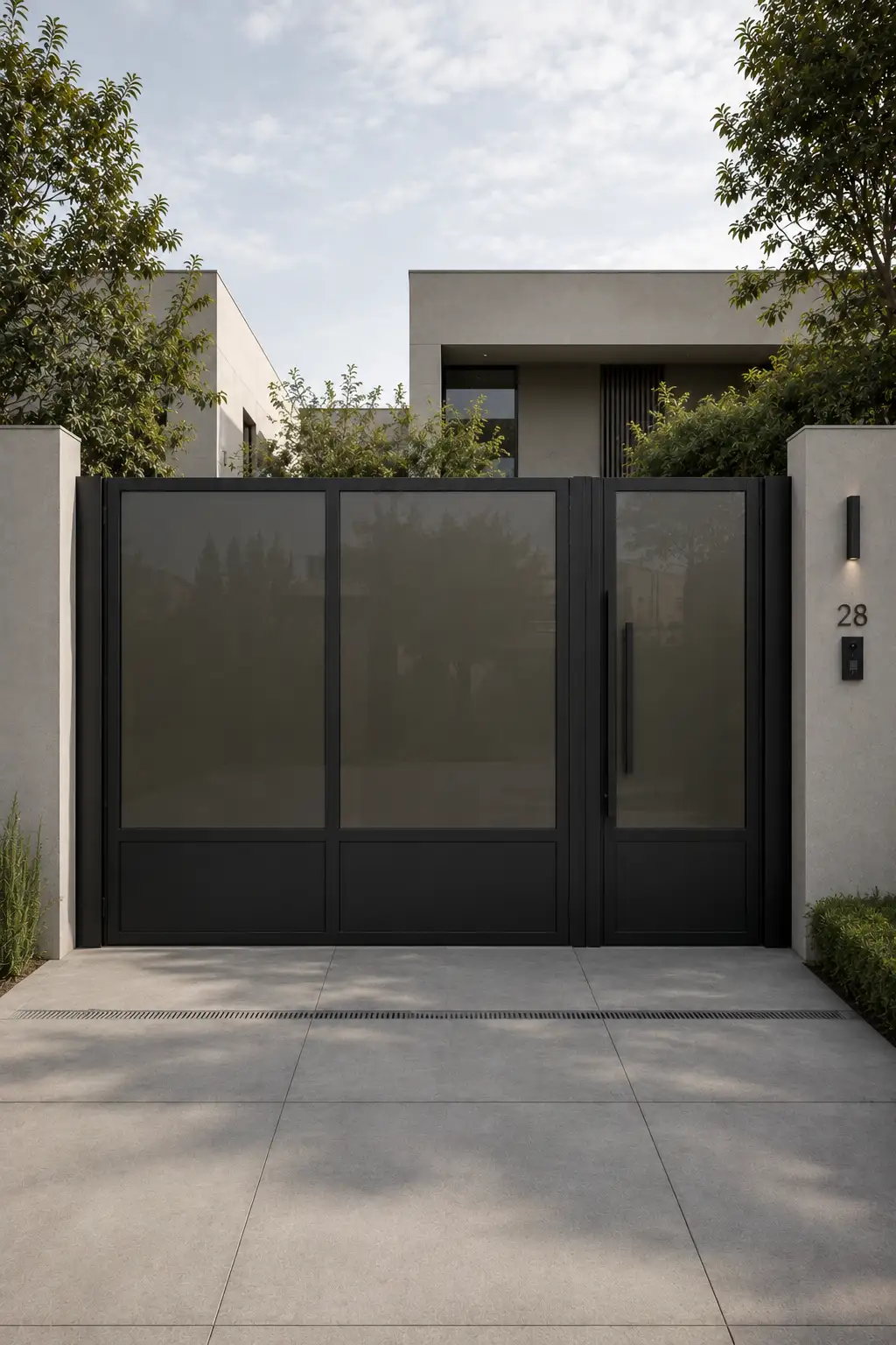 Modern entrance gate design featuring large smoked privacy glass panels inside slim matte black metal frames, solid dark lower panels, matching pedestrian entrance, long minimalist handle, pale boundary walls, subtle exterior lighting, house numbers, greenery, and clean concrete paving for a refined contemporary exterior.