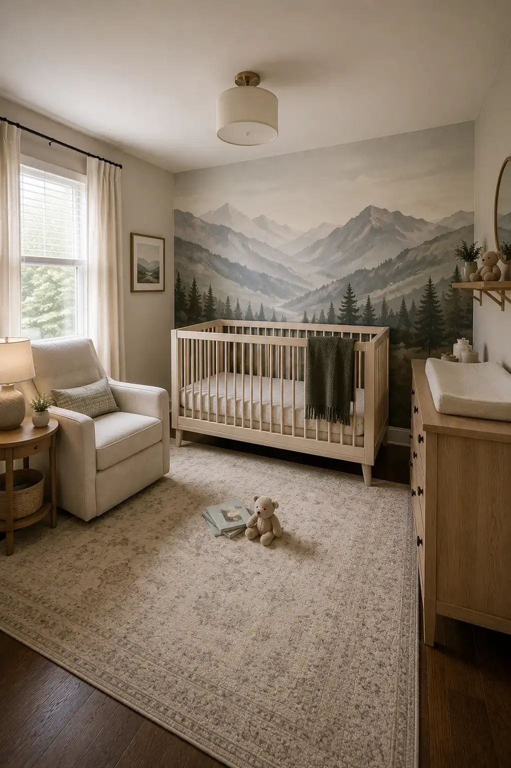 Adventure inspired baby boy nursery with a large mountain landscape mural behind a light natural wood crib, misty layered mountain peaks, evergreen trees, matching wood changing dresser, cream nursing chair, ivory curtains, patterned neutral rug, dark green blanket, warm wood flooring, and calming nature inspired nursery details.