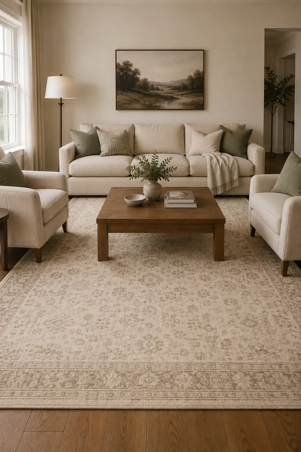 Neutral farmhouse living room featuring a generously sized cream and beige patterned area rug anchoring a warm cream sofa, matching upholstered accent chairs, solid wood coffee table, muted sage pillows, landscape artwork, floor lamp, soft curtains, and warm natural wood flooring.