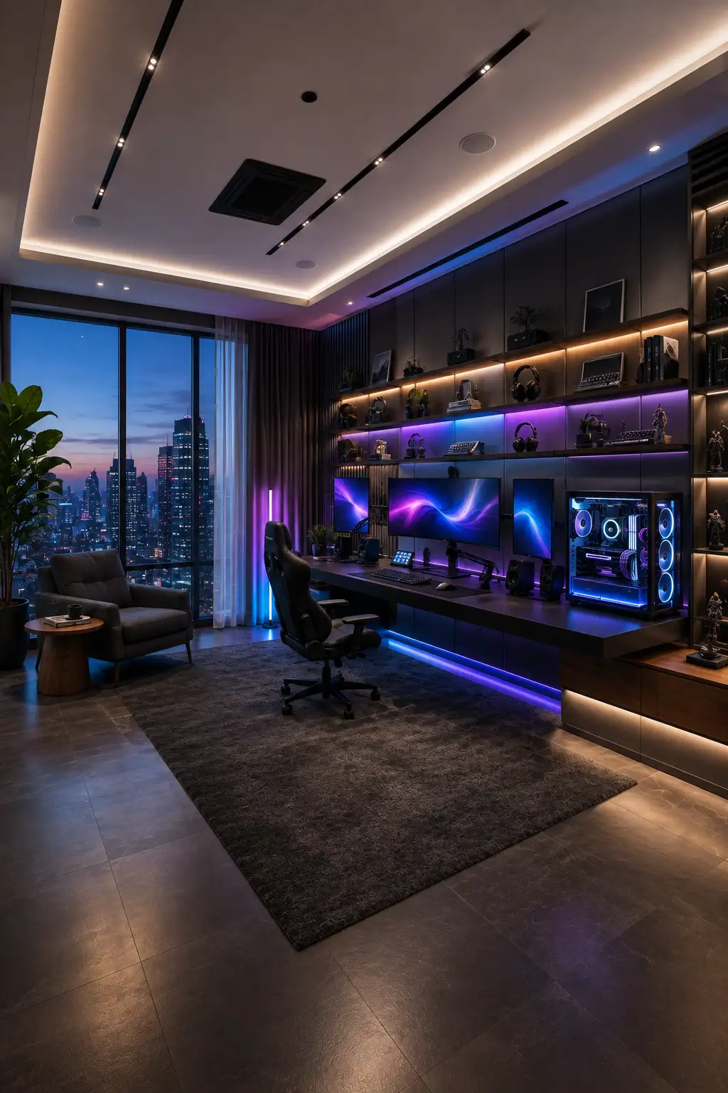 High end gaming room featuring a multi monitor gaming workstation, long floating black desk, illuminated RGB gaming PC, black ergonomic chair, built in dark cabinetry, floating display shelves, blue and purple LED lighting, warm shelf lights, lounge chair, large rug, and panoramic city views.