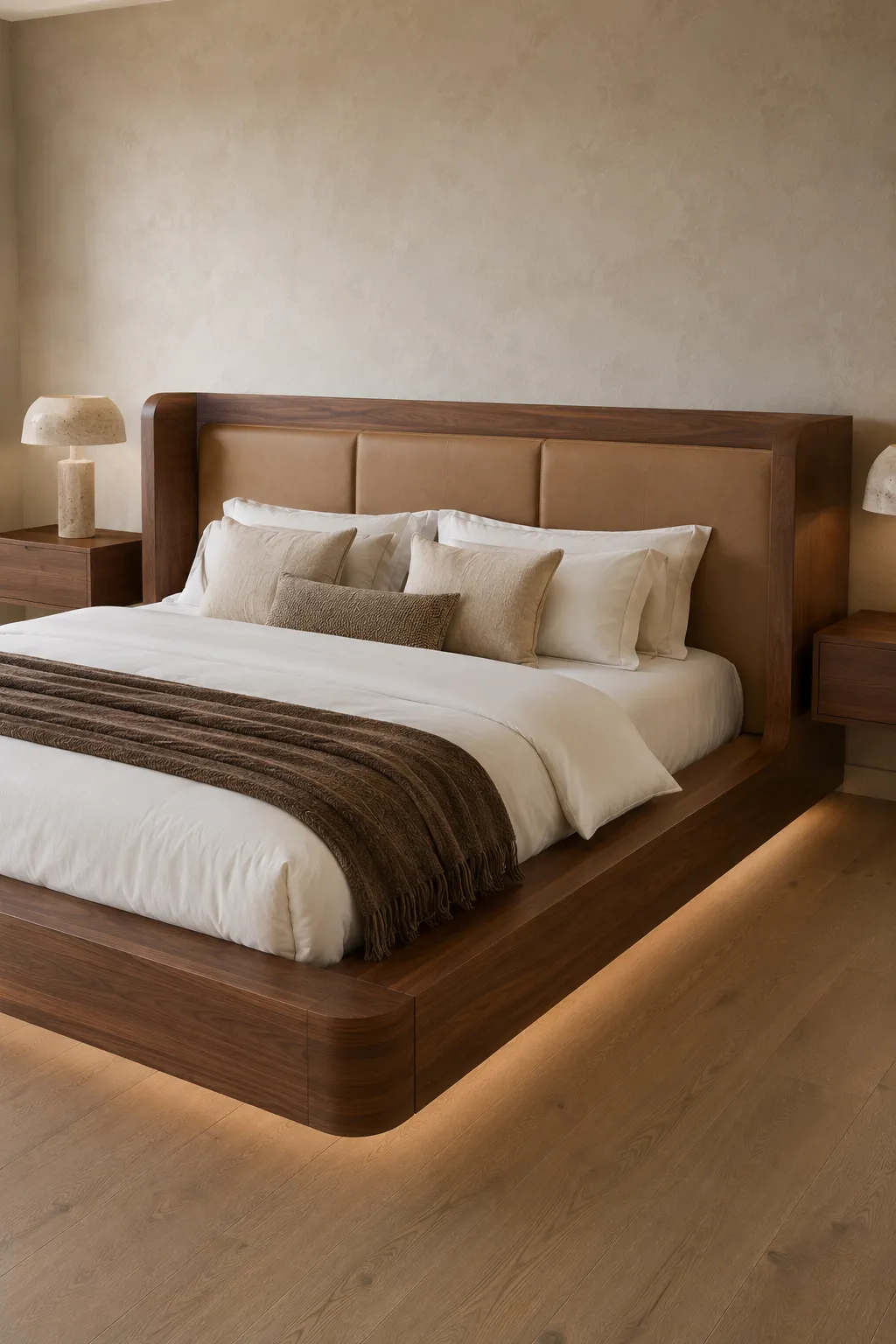 Luxury walnut and leather platform bed featuring a thick curved wood frame, warm caramel leather panel headboard, wide floating walnut base, subtle under bed lighting, crisp white bedding, chocolate brown throw, neutral pillows, and matching walnut nightstands in a refined bedroom.