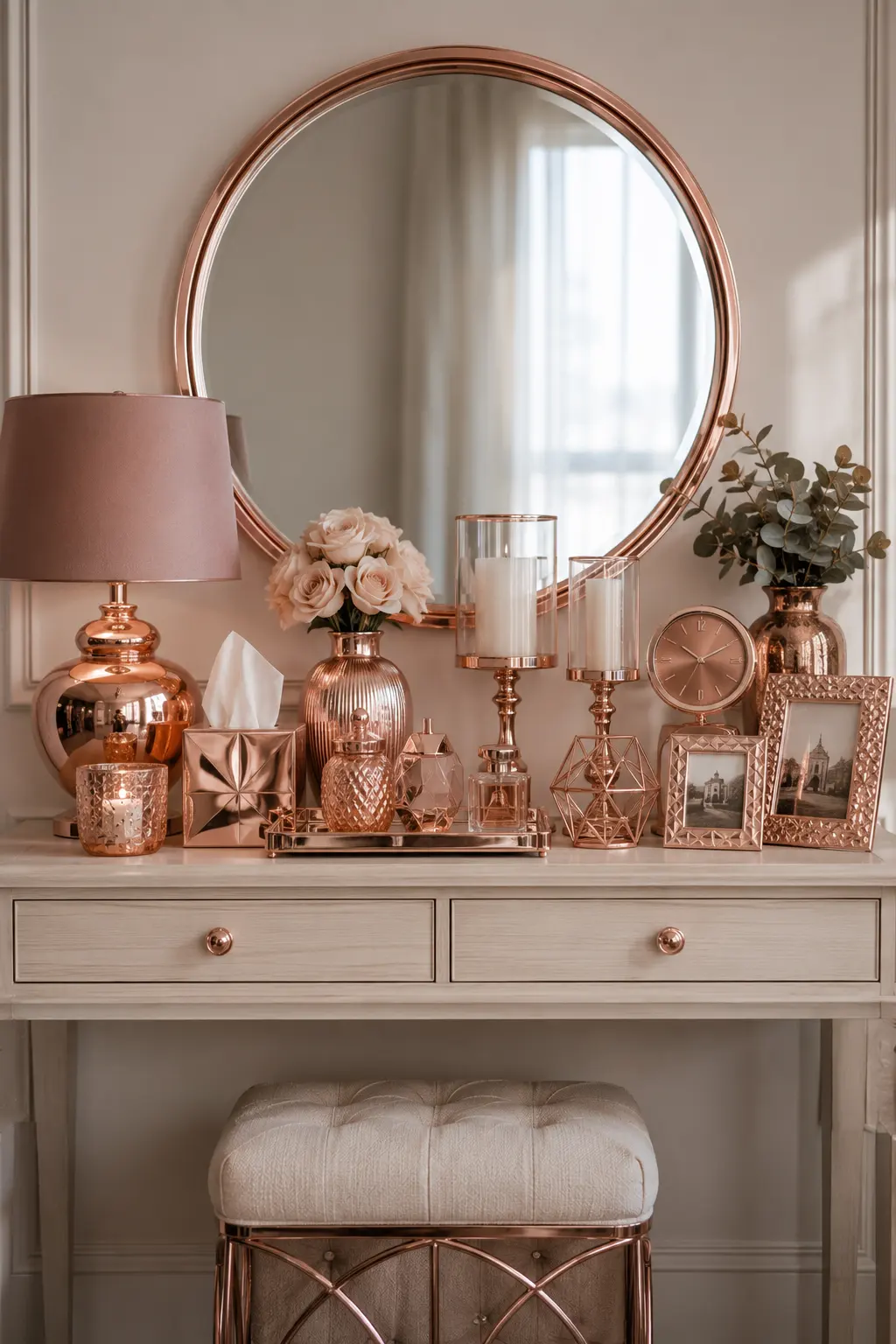 Decorative vanity covered with matching rose gold home accessories including a round metallic mirror, lamp, flower vase, candle holders, picture frames, clock, trays, and geometric ornaments, showing how excessive rose gold decor can make an interior feel overly coordinated and trend driven.