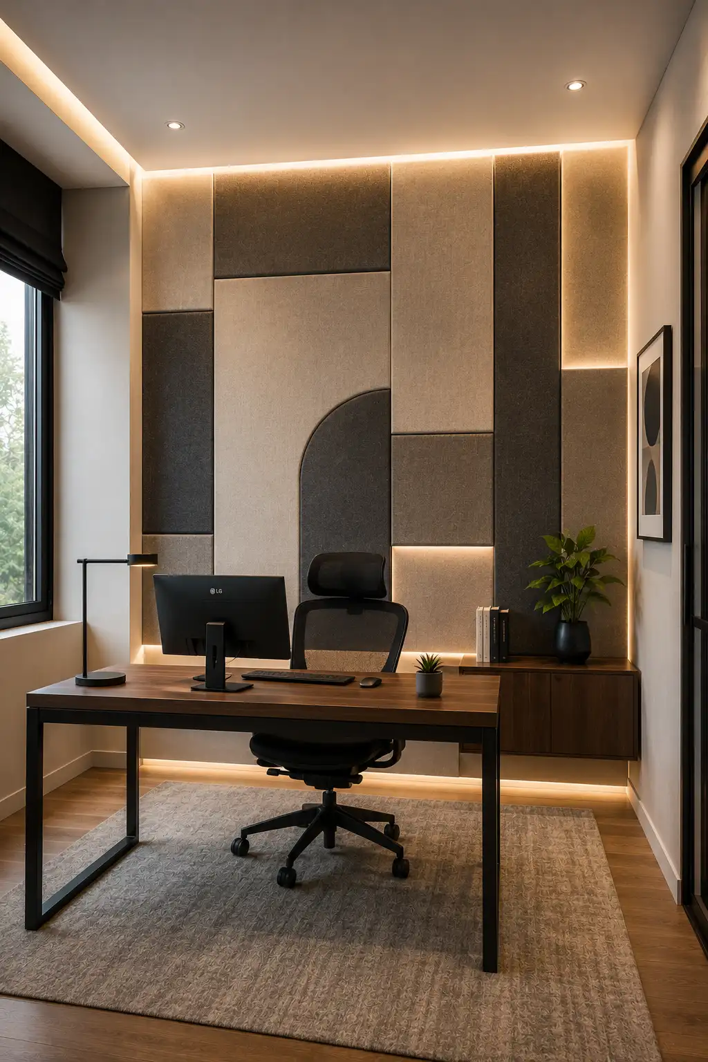 Modern small office featuring a designer acoustic feature wall made from large fabric-covered rectangular and geometric panels in warm beige, taupe, charcoal, and soft gray, with warm LED lighting highlighting the panel edges, contemporary walnut desk, ergonomic black mesh chair, minimalist monitor, indoor plant, black storage cabinet, neutral rug, and sophisticated modern workspace decor.
