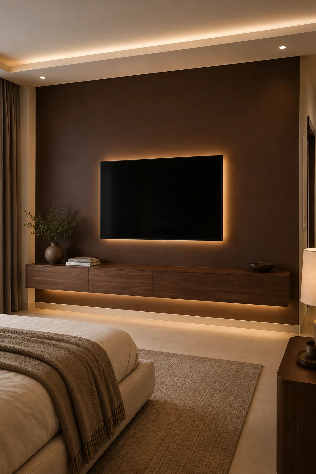 Warm luxury couples bedroom featuring a deep chocolate brown TV feature wall, large black flat screen television with soft warm halo lighting, long walnut floating console with concealed storage, under console LED illumination, cream bedding, beige flooring, textured neutral rug, dark wood furniture, and sophisticated contemporary bedroom decor.