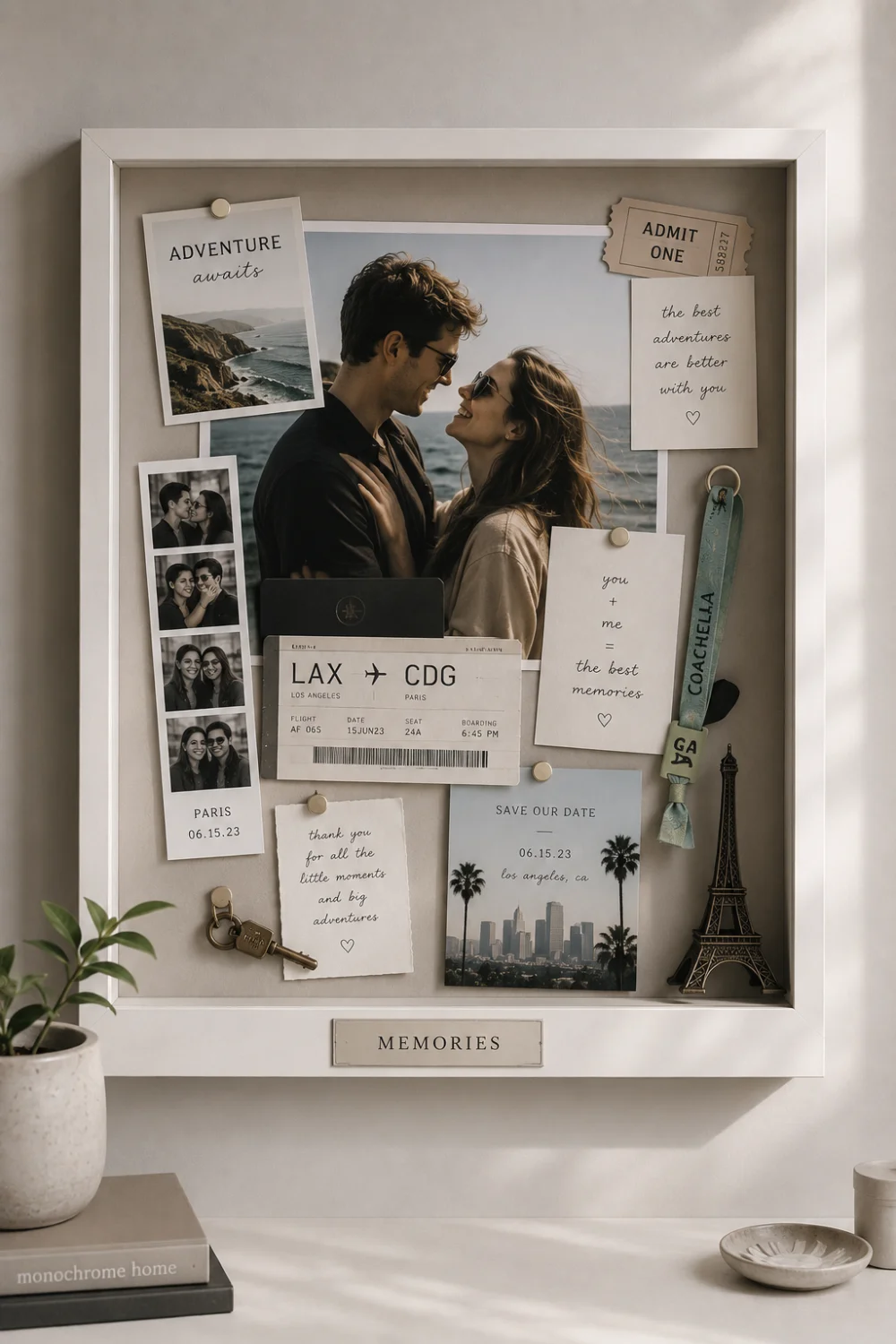 Modern shadow box memory display mounted on a contemporary wall, featuring a large travel photograph surrounded by boarding passes, destination tickets, handwritten notes, travel cards, wristbands, small souvenirs, and layered vacation keepsakes