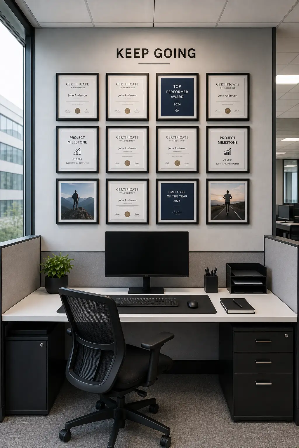 High-performance modern cubicle featuring a clean dual-monitor workstation with two large screens mounted on adjustable monitor arms for an efficient professional setup. The complete workspace includes a large black desk mat, centered keyboard, ergonomic black office chair, small indoor plant, notebook, minimal desk organizer, compact storage box, and clean white desk. The full cubicle is shown from a straight-on architectural perspective with a sophisticated gray, black, and white palette, creating a streamlined technology-focused workspace designed for multitasking, concentration, and productivity.