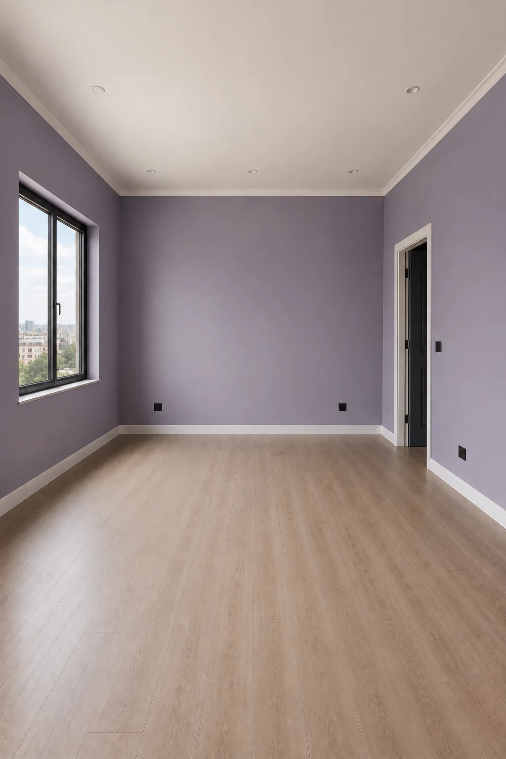 Empty modern bedroom featuring all four walls painted in a soft muted lavender shade, with a clean warm white ceiling, light natural wood flooring, large side window, simple architectural doorway, crisp white baseboards, realistic matte paint finish, soft natural daylight, and a refined contemporary atmosphere showcasing muted lavender bedroom paint.
