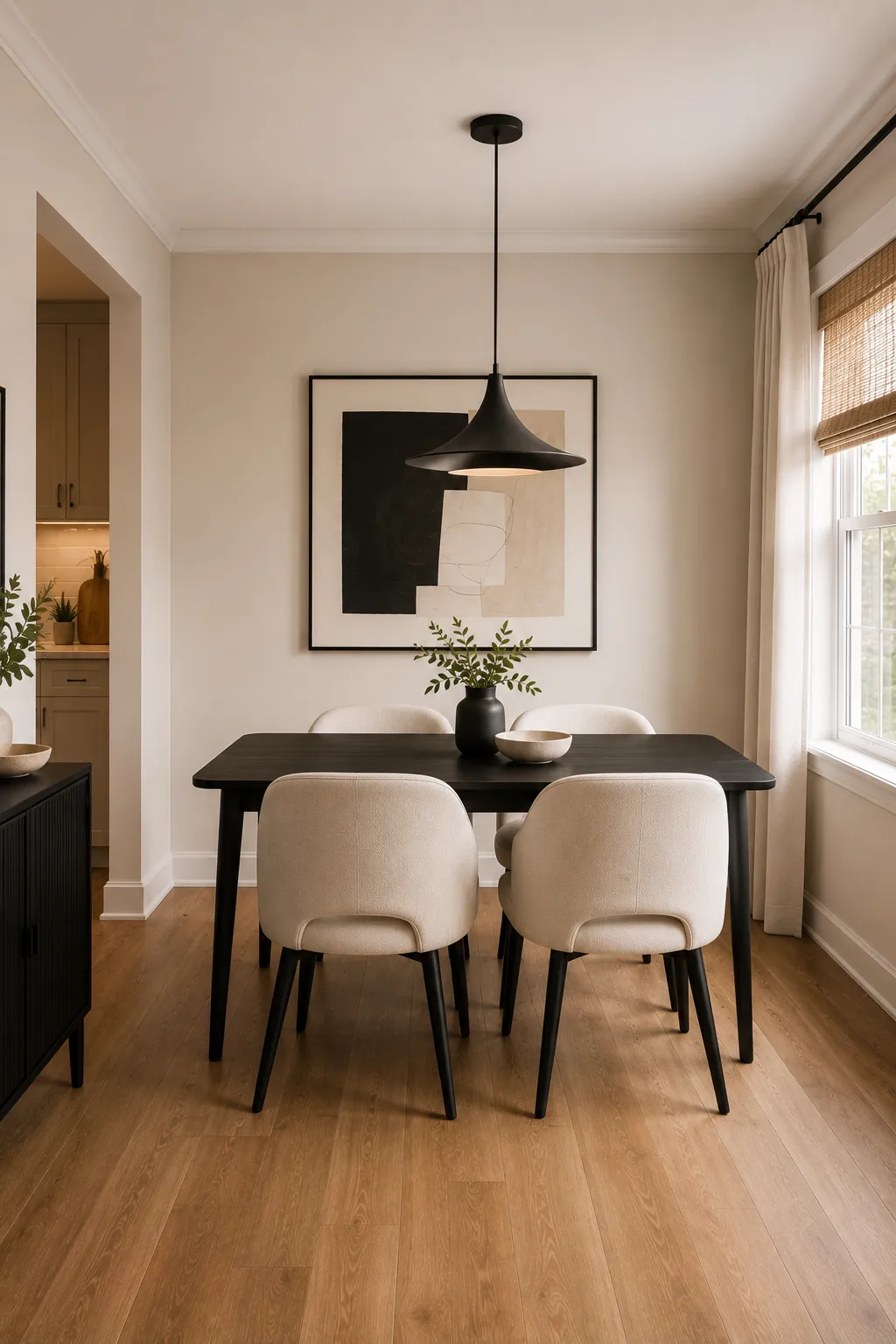 Modern compact dining room featuring a matte black rectangular dining table with softly rounded edges, four plush cream upholstered dining chairs, oversized sculptural black pendant light, large black and cream abstract artwork, tall window with natural daylight, warm natural wood flooring, cream walls, black console cabinet, simple ceramic centerpiece, and elegant minimalist dining décor.