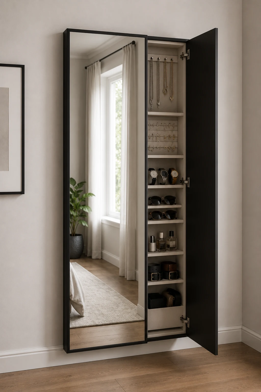 Modern small bedroom featuring a full-length mirror cabinet with a concealed shallow storage compartment opened beside the mirror. The organized interior contains necklaces, watches, sunglasses, belts, perfume bottles, and accessories, combining a practical dressing mirror with discreet hidden storage in a compact bedroom.