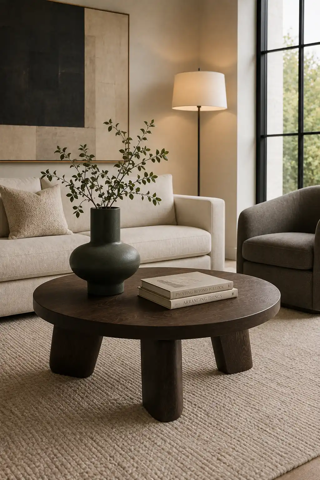 Round dark walnut coffee table with a low sculptural three-leg base, styled with a large matte black rounded vase filled with natural leafy branches and a neat stack of neutral coffee table books in a warm modern living room with cream seating, a textured neutral rug, contemporary artwork, natural daylight, and elegant minimalist decor.