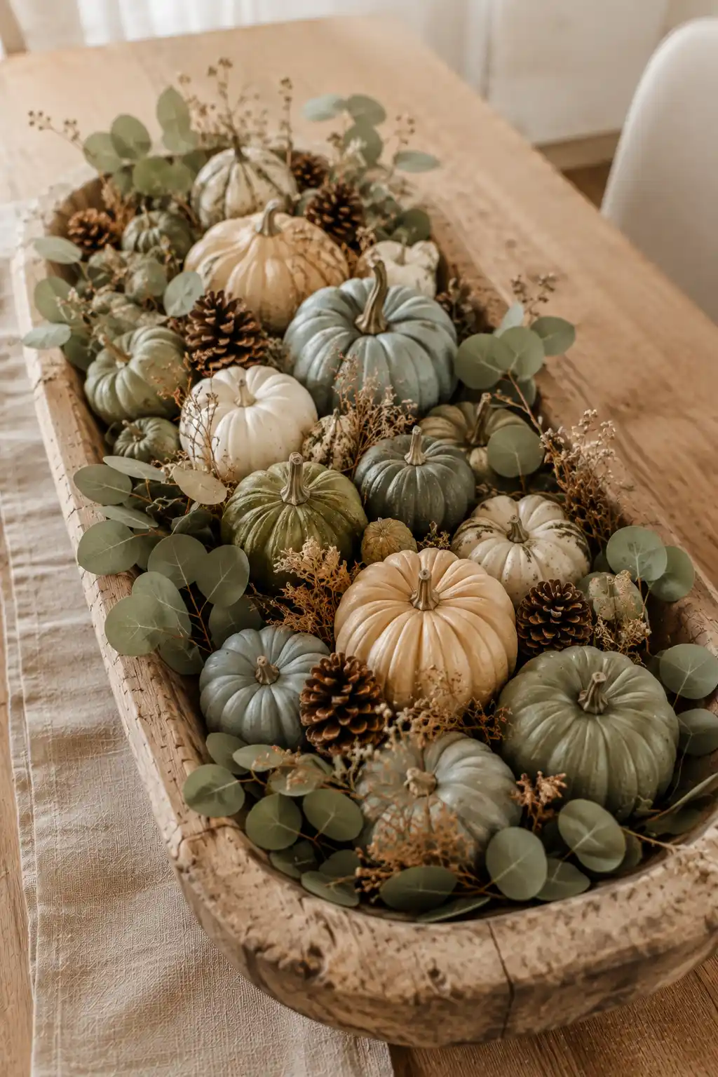 Long rustic wooden dough bowl filled with muted sage green, dusty blue, soft cream, beige, and lightly speckled pumpkins in varied sizes, layered with rounded eucalyptus leaves, natural pinecones, delicate dried stems, and warm botanical accents for a sophisticated modern fall table centerpiece.