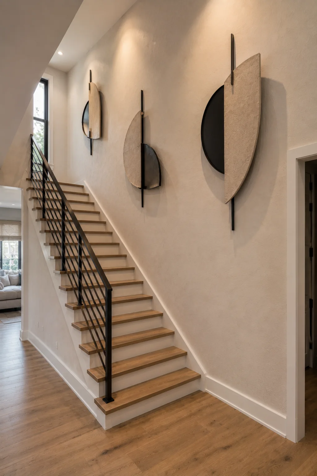 Modern staircase wall decorated with a collection of dimensional sculptural wall art featuring layered semicircles, curved forms, textured natural surfaces, and contrasting black elements. The contemporary wall sculptures create depth and dramatic shadows against a warm neutral plaster wall beside natural oak stairs, a sleek black railing, and soft architectural lighting.