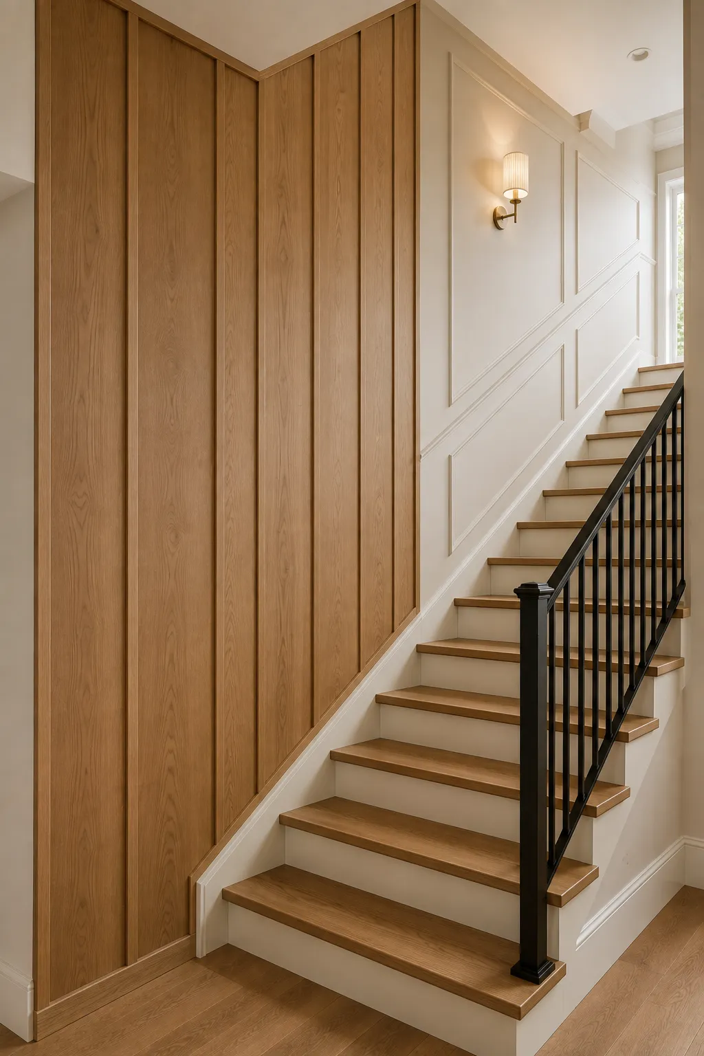 Mixed staircase paneling featuring broad natural oak wall panels beside warm cream picture frame molding, matching oak stair treads, white risers, slim black metal railing, and a brass wall sconce creating a layered combination of wood and painted architectural details.