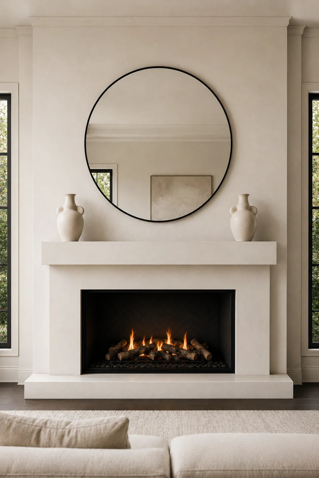 Elegant symmetrical white fireplace mantel with a large oversized round mirror in a thin black frame centered above the mantel. Matching sculptural cream ceramic vases are positioned evenly on both sides, creating a balanced and polished contemporary arrangement. The clean fireplace surround frames a wide black firebox with glowing flames, natural logs, and subtle herringbone detailing, while cream upholstered seating, a light textured rug, warm wood flooring, and tall windows create a refined modern living room atmosphere.
