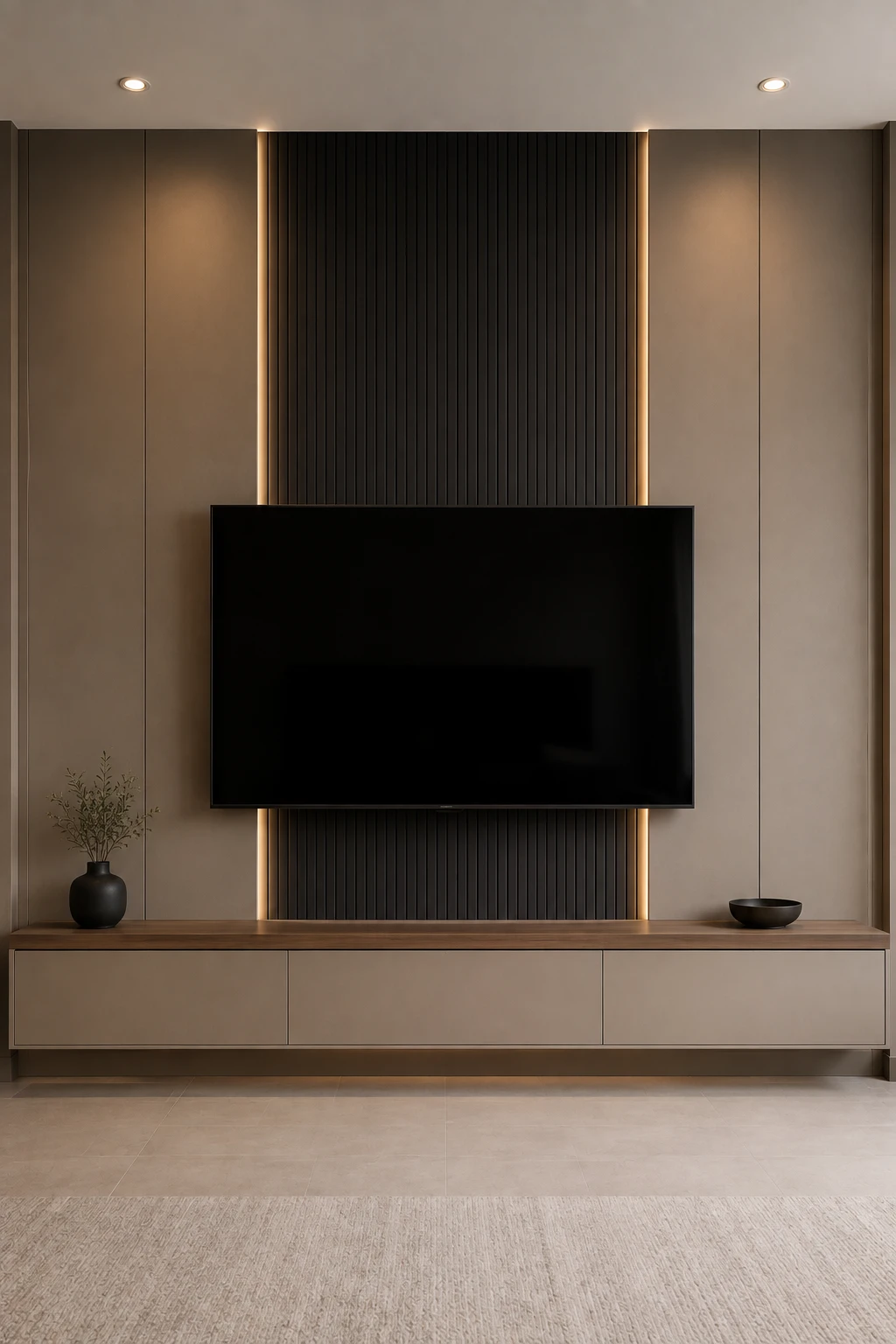Two tone contemporary TV wall featuring a large black flat screen television against a deep charcoal central architectural panel, warm taupe panels surrounding the darker center, long floating taupe media console with a natural wood top, subtle warm LED lighting along the dark accent, clean architectural lines, realistic matte finishes, minimal ceramic décor, neutral flooring, and sophisticated modern living room styling.