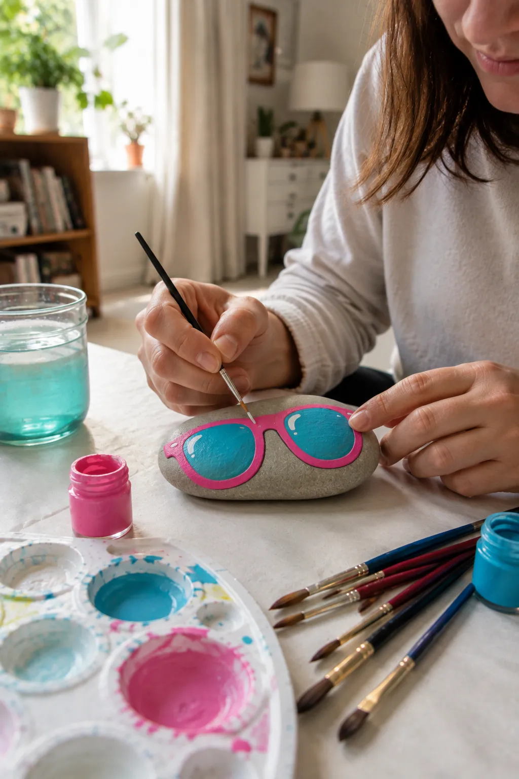 Fun sunglasses rock painting featuring oversized hot pink sunglasses with bright turquoise blue lenses painted across a smooth flat stone, including small white lens highlights for a glossy effect, while a hand adds fine details with a brush beside colorful acrylic paints, a water glass, and several paintbrushes.