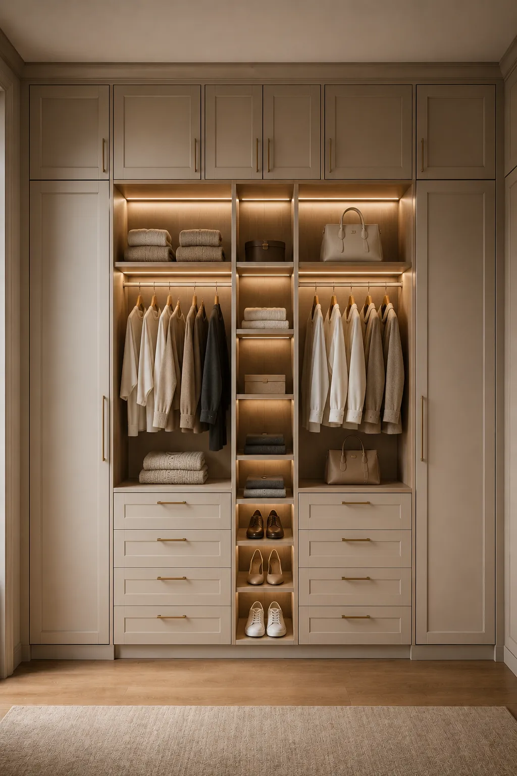 Highly organized cream IKEA wardrobe featuring tall paneled cabinets on both sides, two illuminated hanging sections filled with neutral shirts and sweaters, narrow central shelves for folded clothing and shoes, multiple built-in drawers, handbags, storage boxes, warm LED lighting, brass handles, and natural wood flooring for a functional custom closet system.