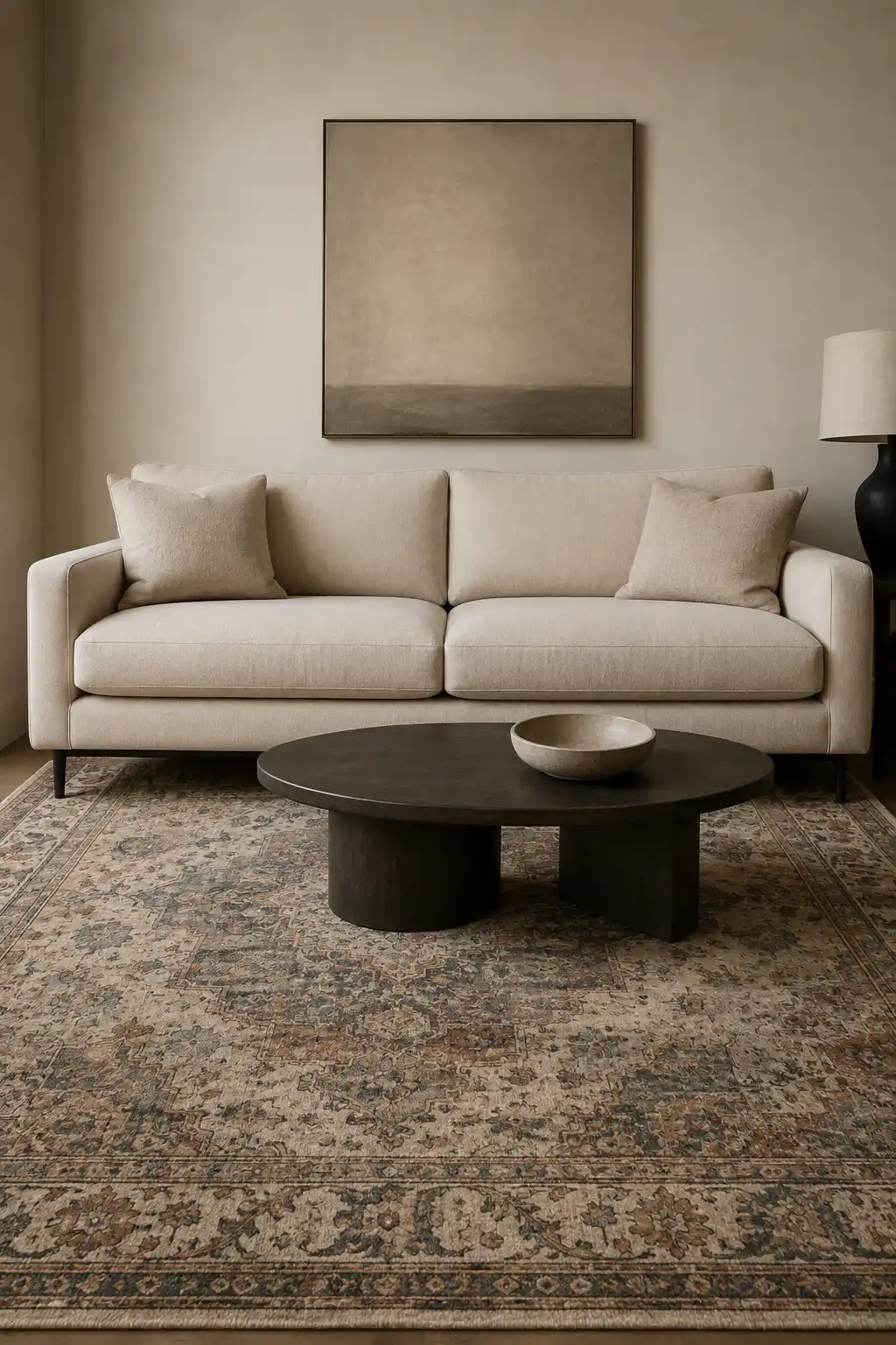 Modern cream sofa with clean contemporary lines grounded by a large faded antique-style area rug in muted taupe, beige, brown, and charcoal tones, paired with a sculptural dark coffee table in a sophisticated living room.