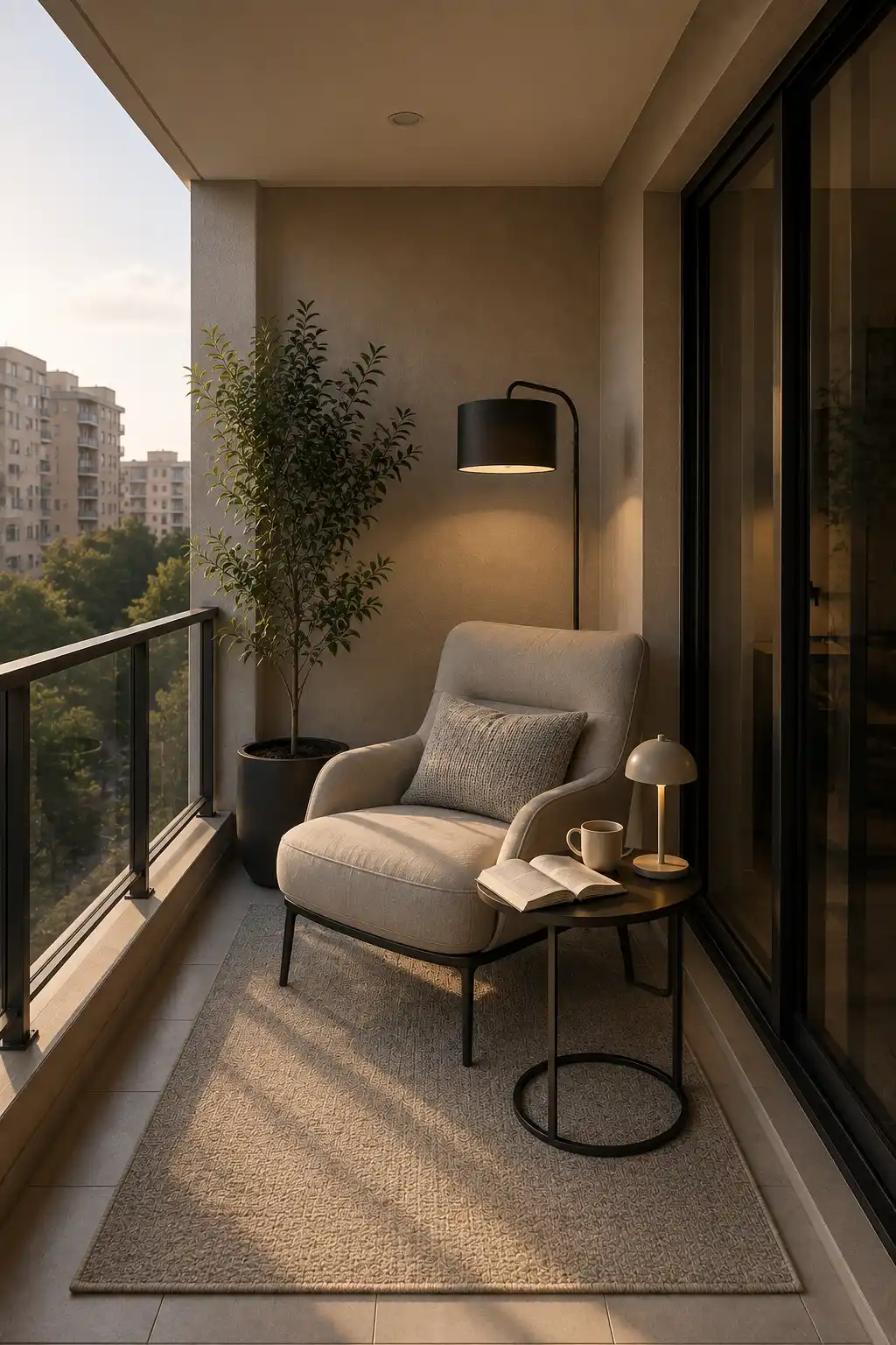 Cozy apartment balcony reading nook featuring a comfortable cream upholstered lounge chair, textured neutral cushion, slim round black side table, warm table lamp, open book, large outdoor rug, and tall leafy plant. The contemporary arrangement creates a peaceful private reading corner with soft neutral colors and an elevated urban balcony view.
