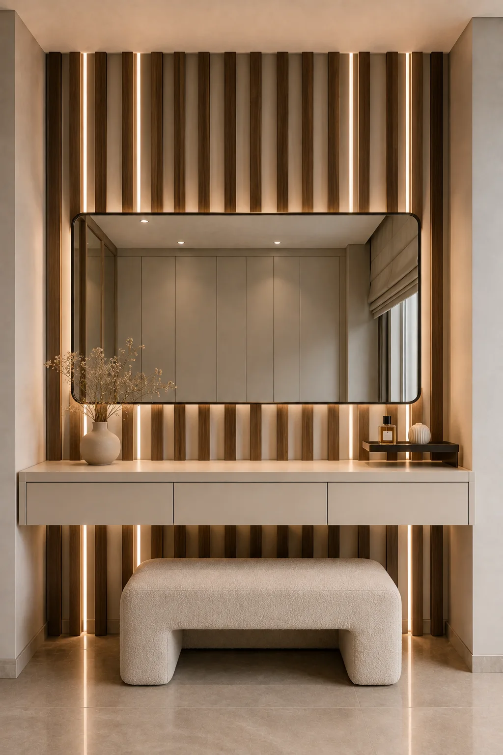 Statement modern vanity featuring a wide floating cream vanity with three large seamless handleless drawers, an oversized horizontal rounded rectangular mirror with a thin dark bronze frame and warm backlighting, a dramatic full height wall of alternating warm walnut vertical slats and soft beige panels, integrated linear LED lighting between selected slats, a long sculptural cream upholstered vanity bench with rounded corners, a minimalist dark display shelf with a perfume bottle and ribbed ceramic vase, warm beige flooring, and layered architectural lighting creating a luxurious, spacious, sophisticated contemporary vanity aesthetic.