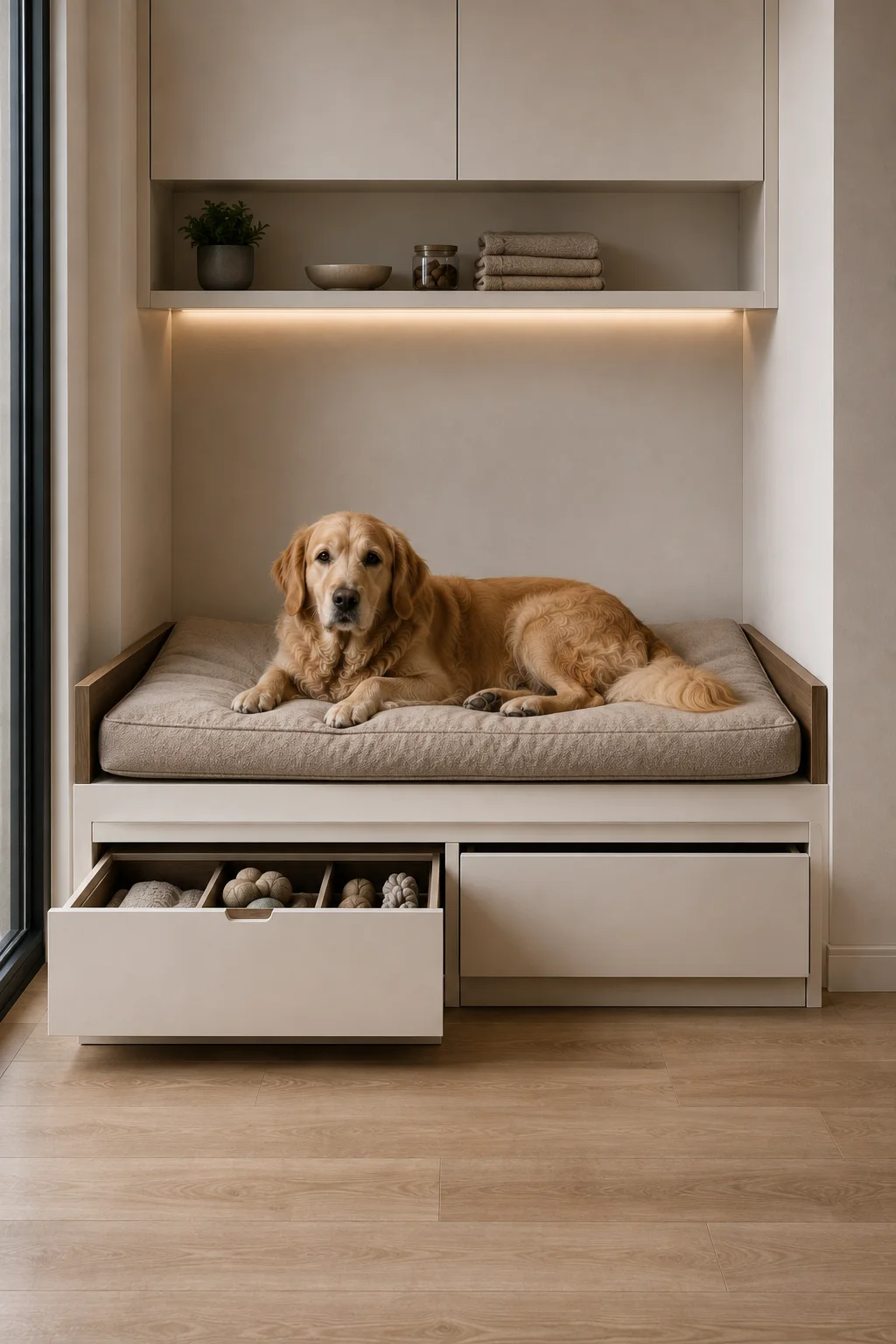 Modern elevated dog bed integrated into custom cream cabinetry, featuring a spacious raised sleeping platform with a thick washable neutral cushion, a golden retriever resting comfortably, deep pull out drawers underneath filled with dog toys, blankets, and pet accessories, an illuminated recessed shelf above, smooth contemporary cabinetry, and warm wood flooring.