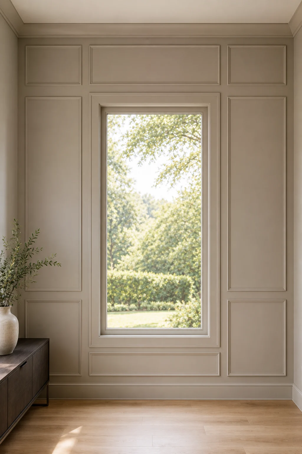 Window trim integrated with full wall paneling around a tall central window in a sophisticated warm neutral finish. Symmetrical rectangular molding surrounds the window casing from floor to ceiling, creating layered architectural detail and a polished feature wall with an elegant custom designed appearance.
