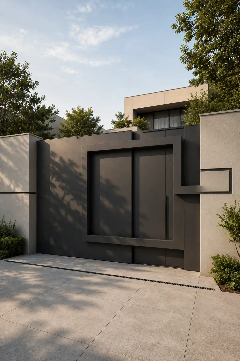 Modern entrance gate design featuring oversized layered geometric metal frames projecting across smooth dark graphite panels, deep three dimensional detailing, asymmetrical architectural forms, warm neutral boundary walls, minimalist landscaping, and clean concrete paving for a dramatic sculptural home entrance.