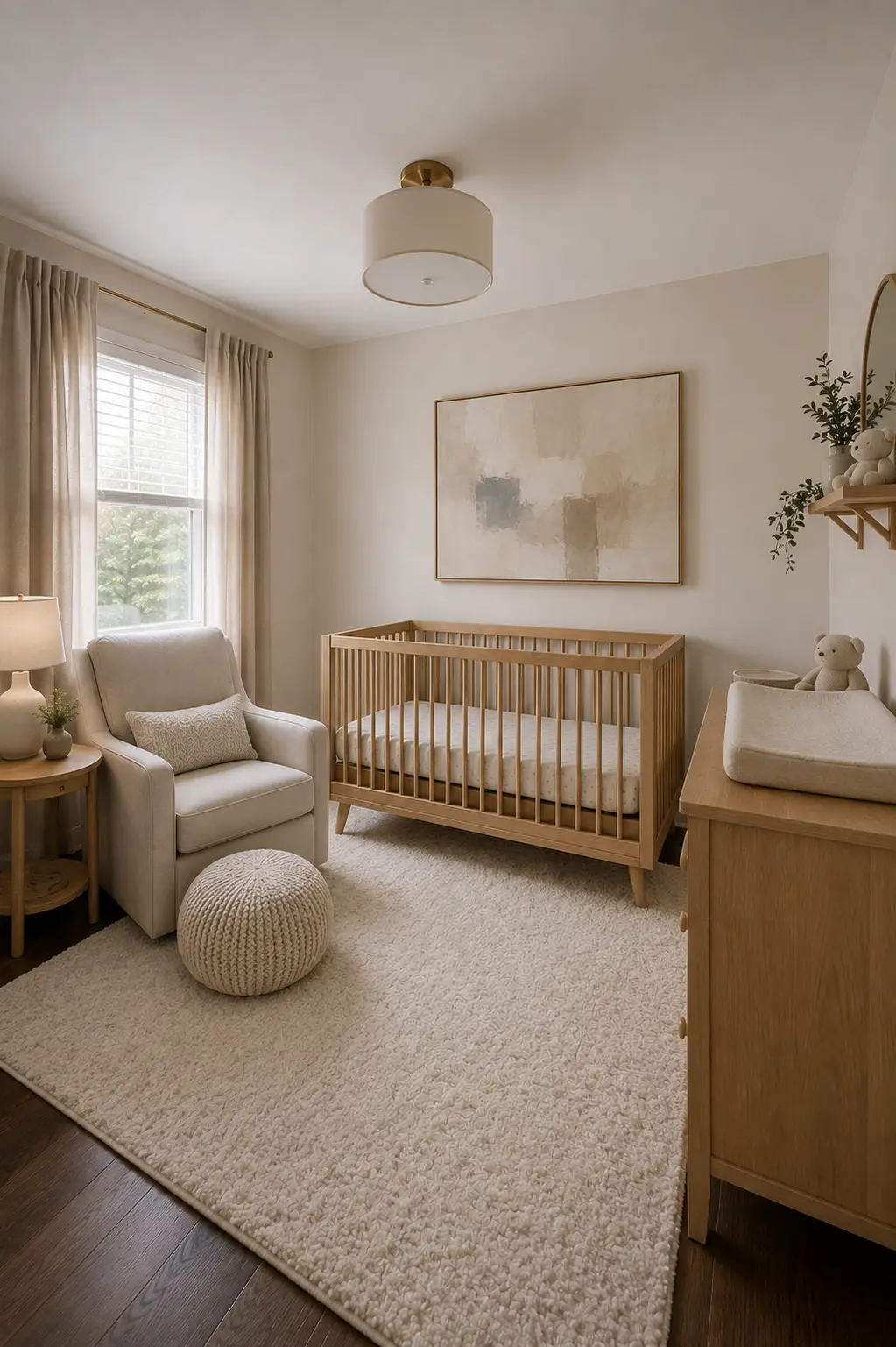 Warm neutral baby boy nursery with soft cream walls, natural wood crib, matching changing dresser, large abstract beige and taupe artwork, cream upholstered nursing chair, knitted neutral pouf, plush textured area rug, ivory floor length curtains, warm wood flooring, minimal shelving, and calming modern nursery decor.