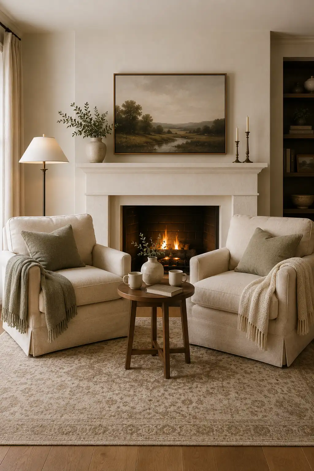 Refined farmhouse living room featuring a cream sofa layered with soft sage green pillows, textured charcoal taupe cushion, sage throw blanket, matching muted green accent chair, warm oak coffee table, clear glass vase with leafy branches, oversized landscape artwork, brass floor lamp, and neutral patterned rug.
